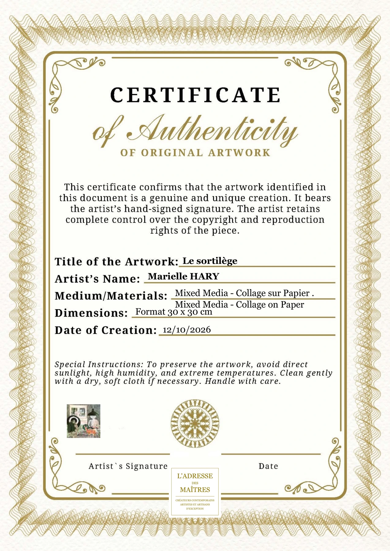 Certificat d'authenticité - Le sortilège - Marielle HARY