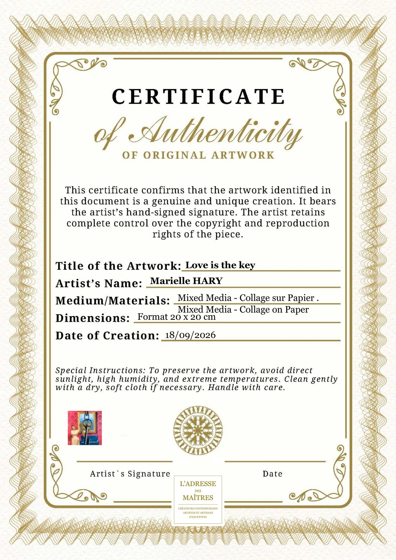 Certificat d'authenticité - Love is the key - Marielle HARY