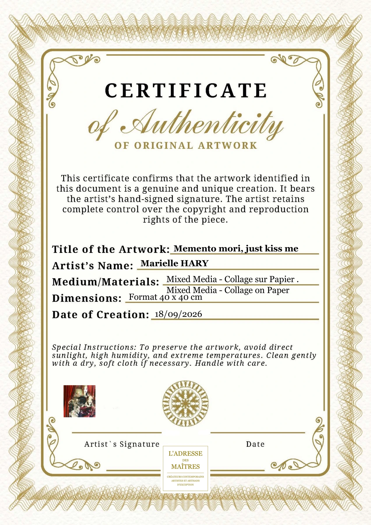 Certificat d'authenticité - Memento mori, just kiss me - Marielle HARY