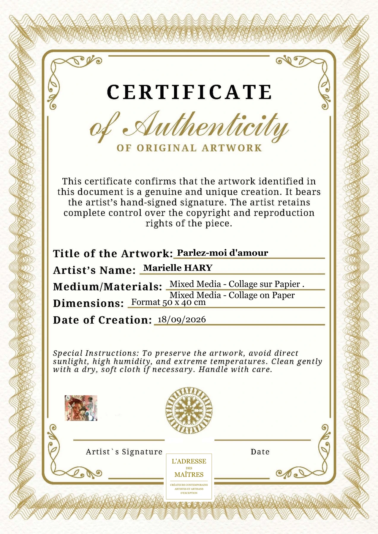 Certificat d'authenticité - Parlez-moi d'amour - Marielle HARY