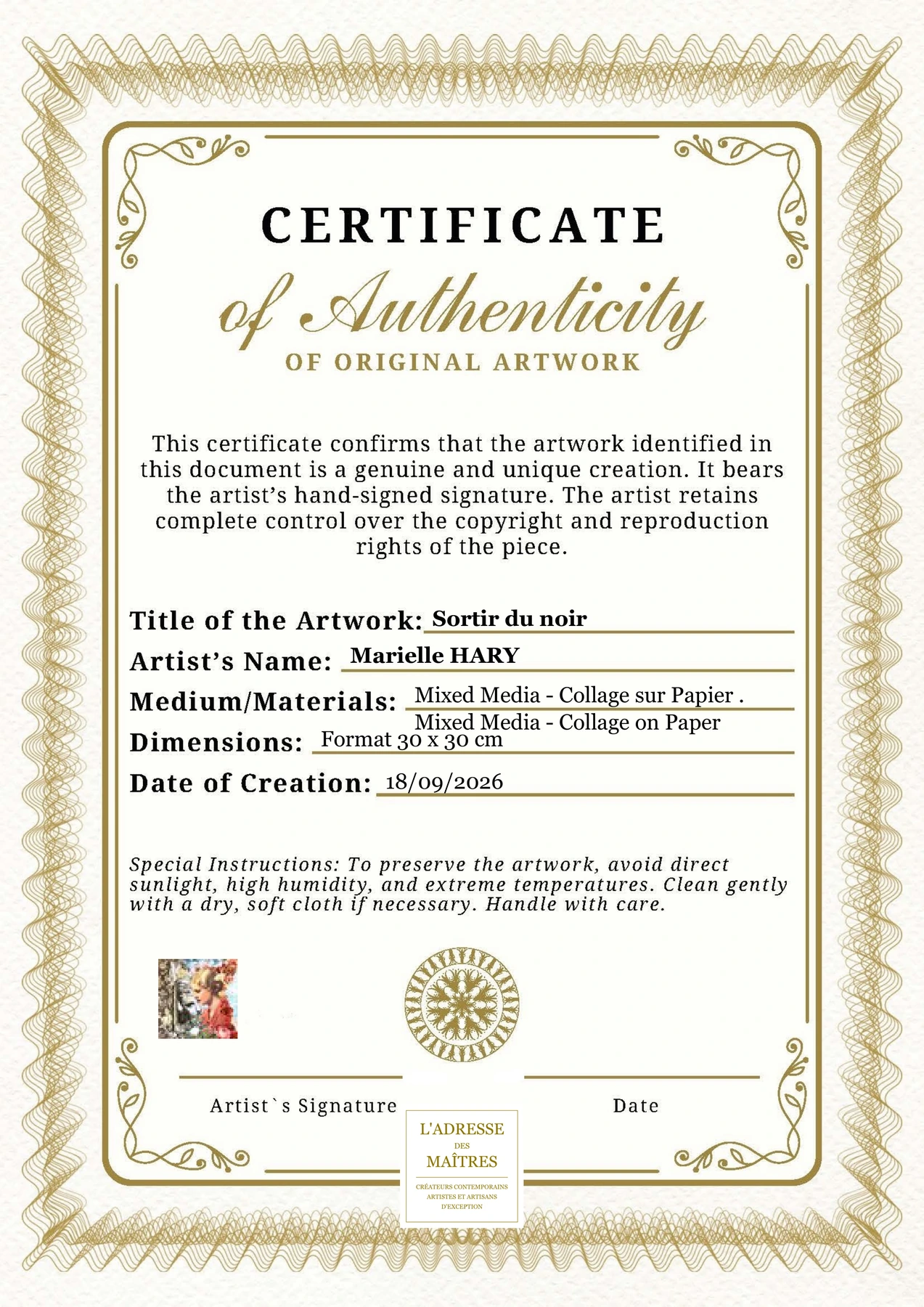 Certificat d'authenticité - Sortir du noir - Marielle HARY