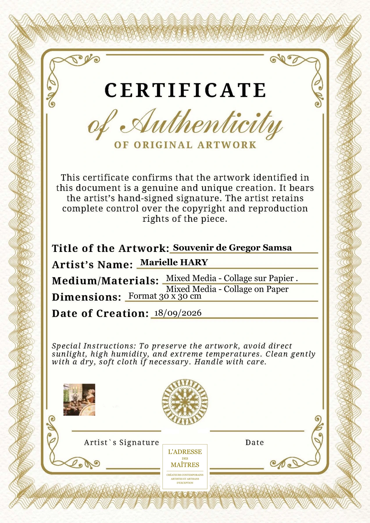 Certificat d'authenticité - Souvenir de Gregor Samsa - Marielle HARY