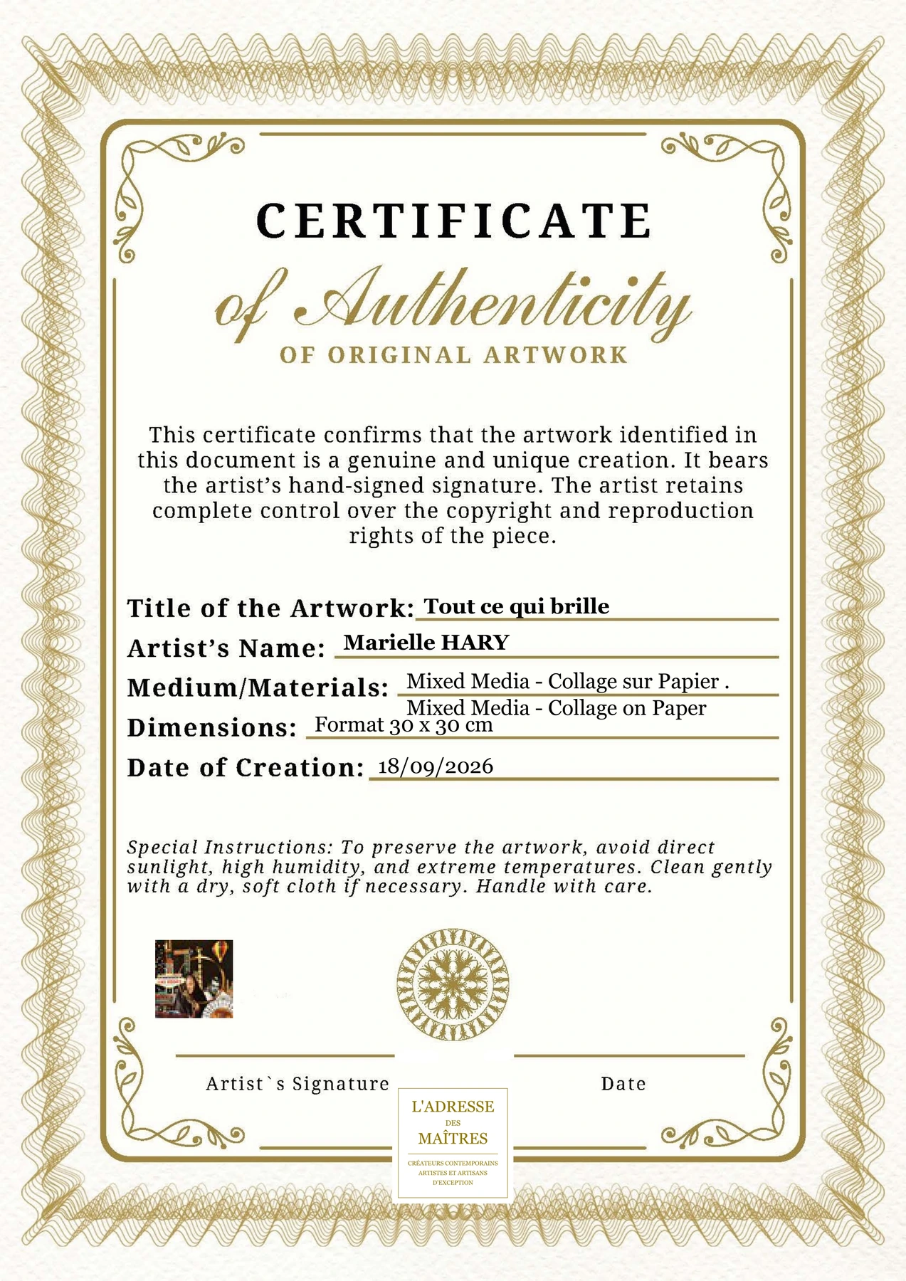 Certificat d'authenticité - Tout ce qui brille - Marielle HARY