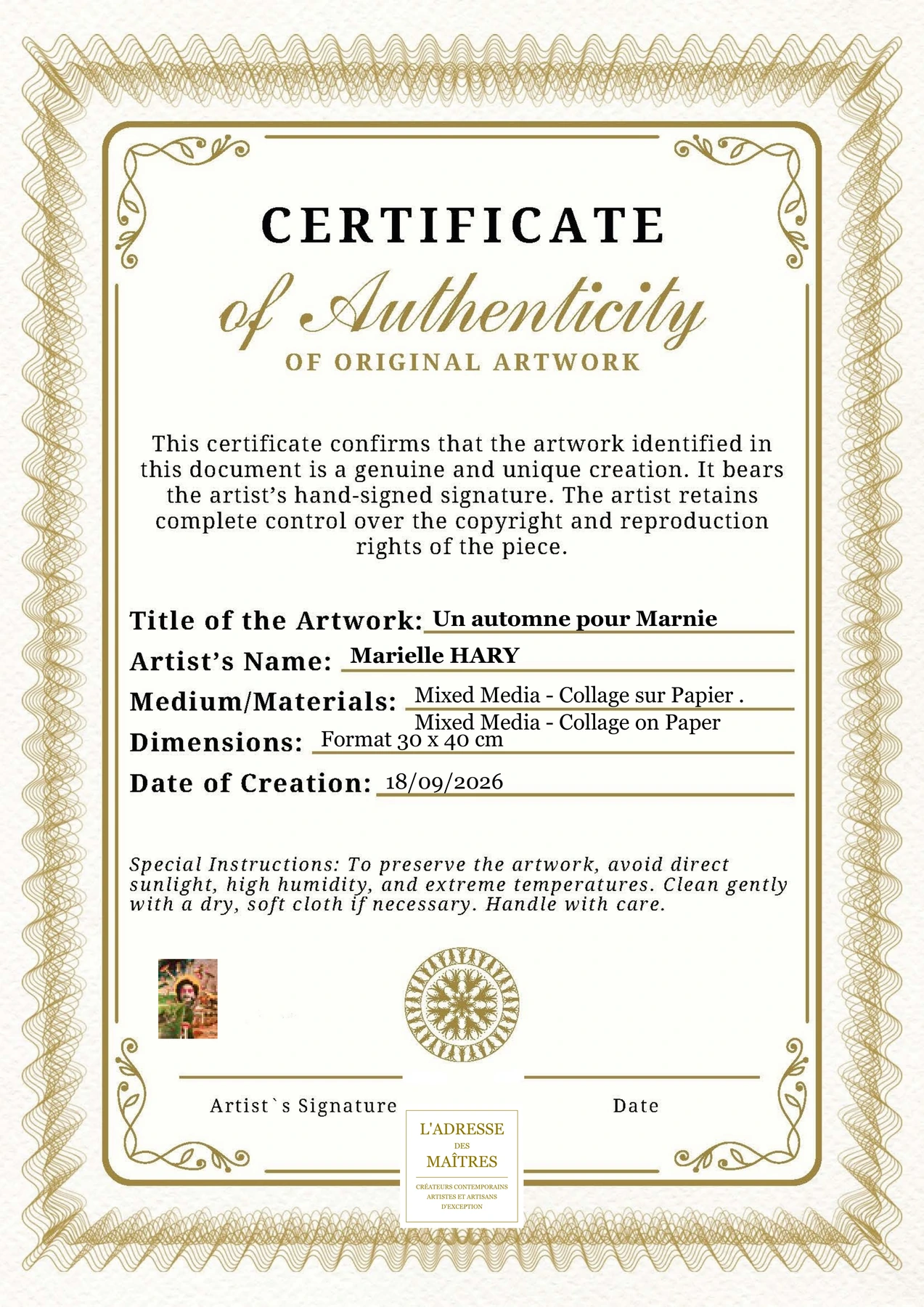 Certificat d'authenticité - Un automne pour Marnie - Marielle HARY