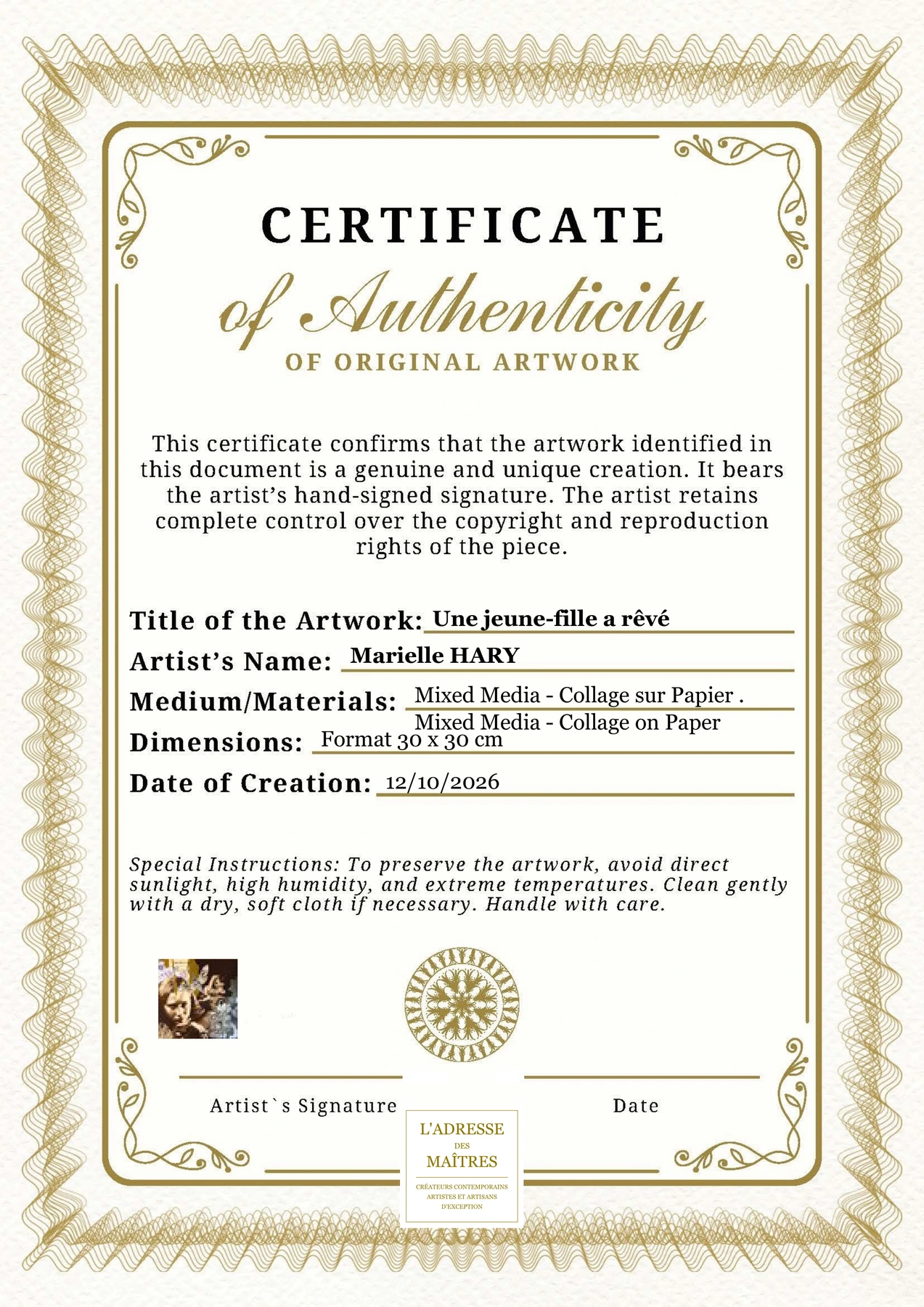 Certificat d'authenticité - Une jeune-fille a rêvé - Marielle HARY