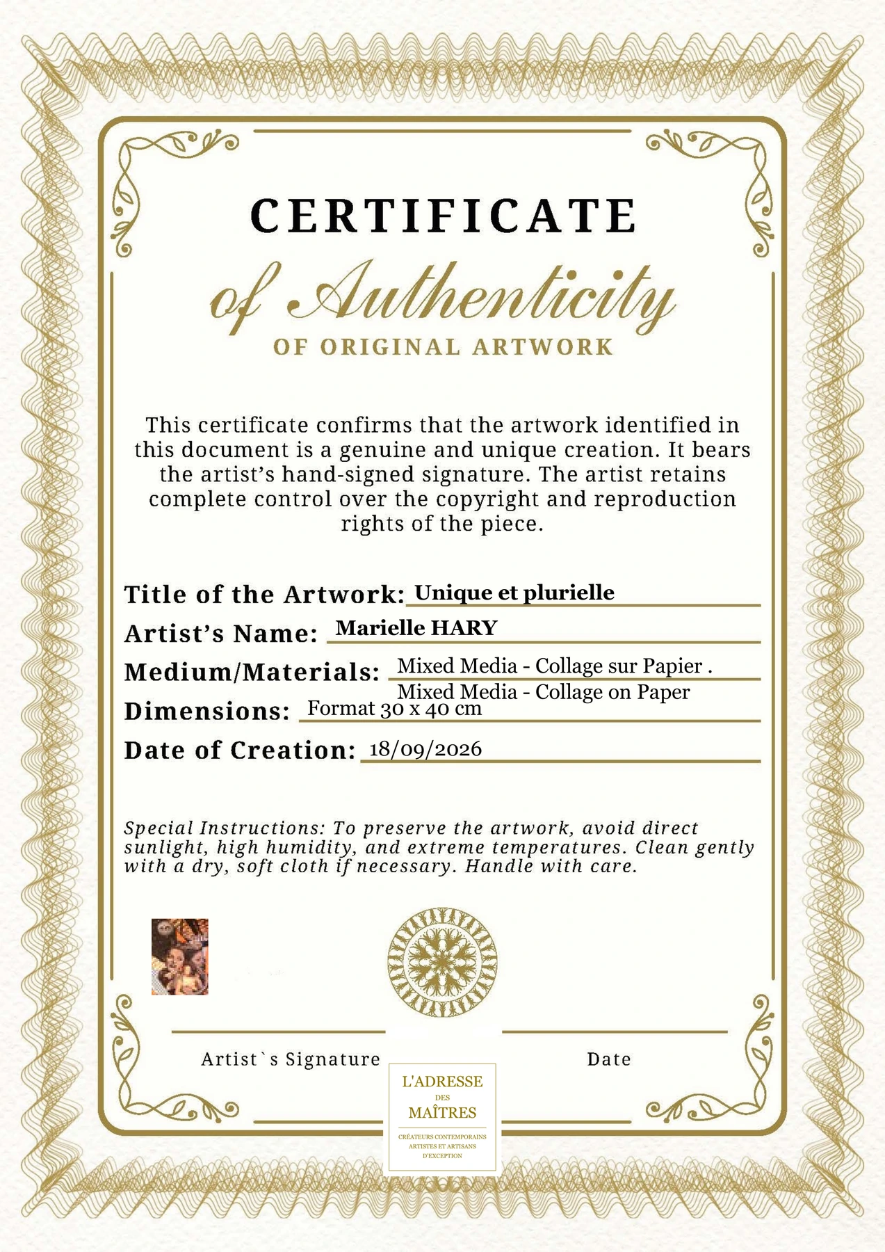 Certificat d'authenticité - Unique et plurielle - Marielle HARY