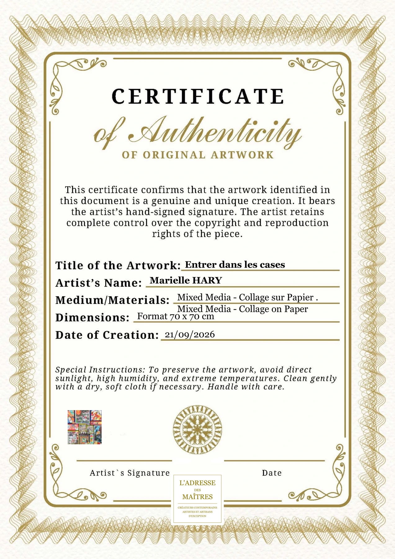Certificat d'authenticité - Entrer dans les cases - Marielle HARY