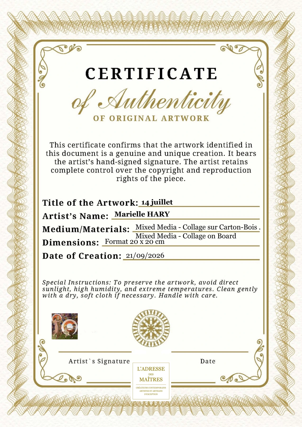 Certificat d'authenticité - 14 juillet - Marielle HARY