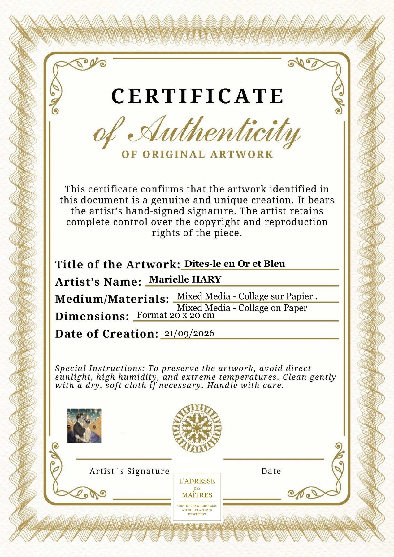 Certificat d'authenticité - Dites-le en Or et Bleu - Marielle HARY