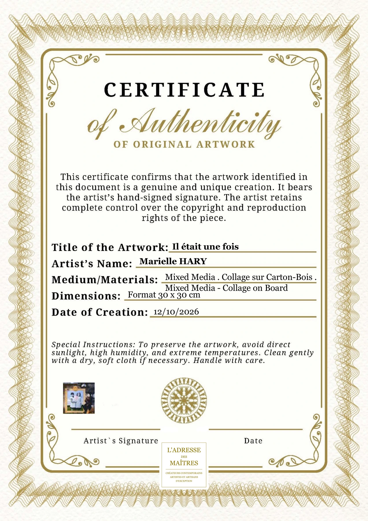 Certificat d'authenticité - Il était une fois - Marielle HARY