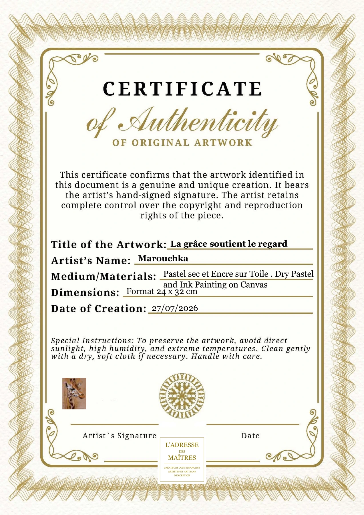 Certificat d'authenticité — La grâce soutient le regard — Marouchka
