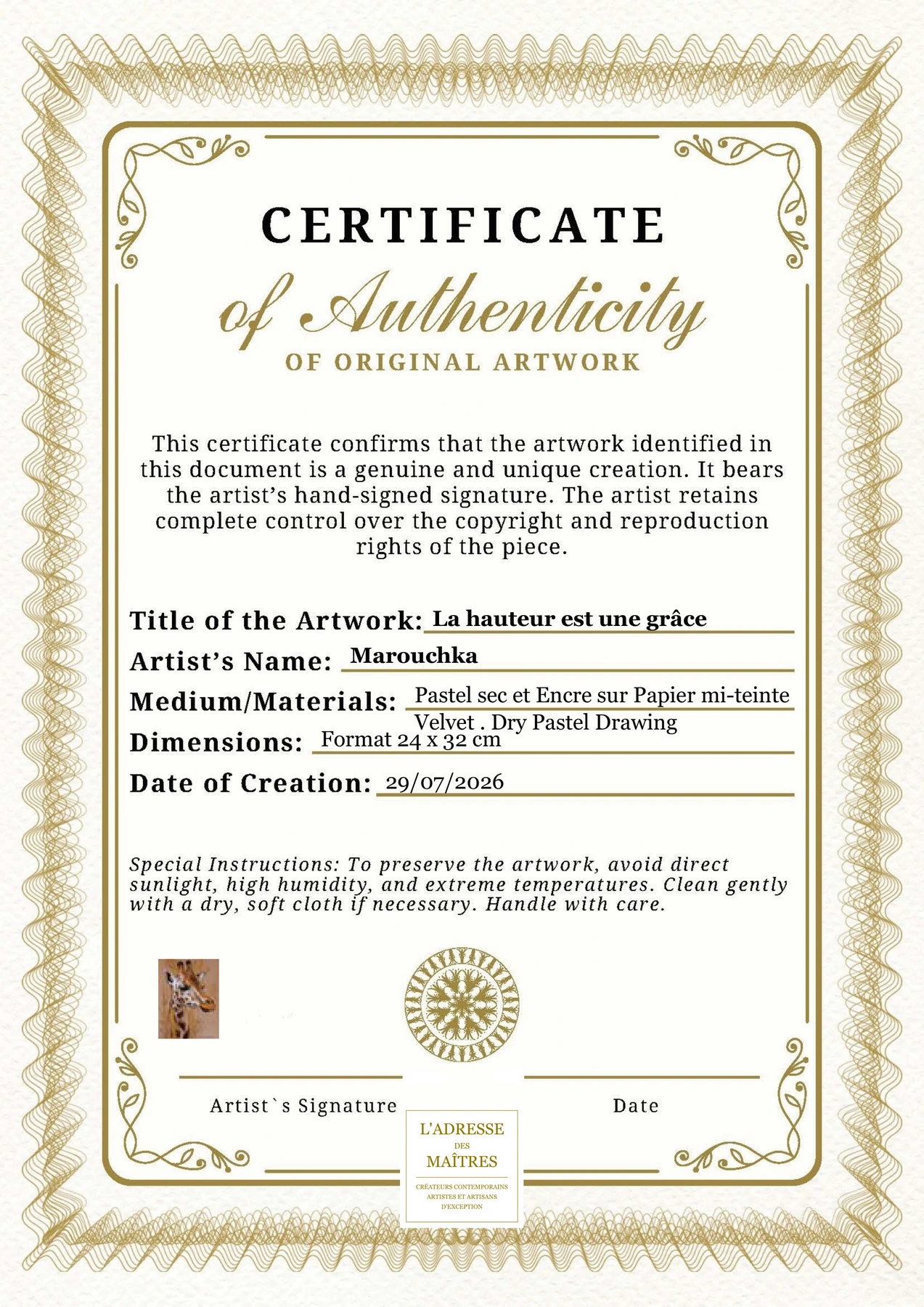 Certificat d'authenticité — La hauteur est une grâce — Marouchka