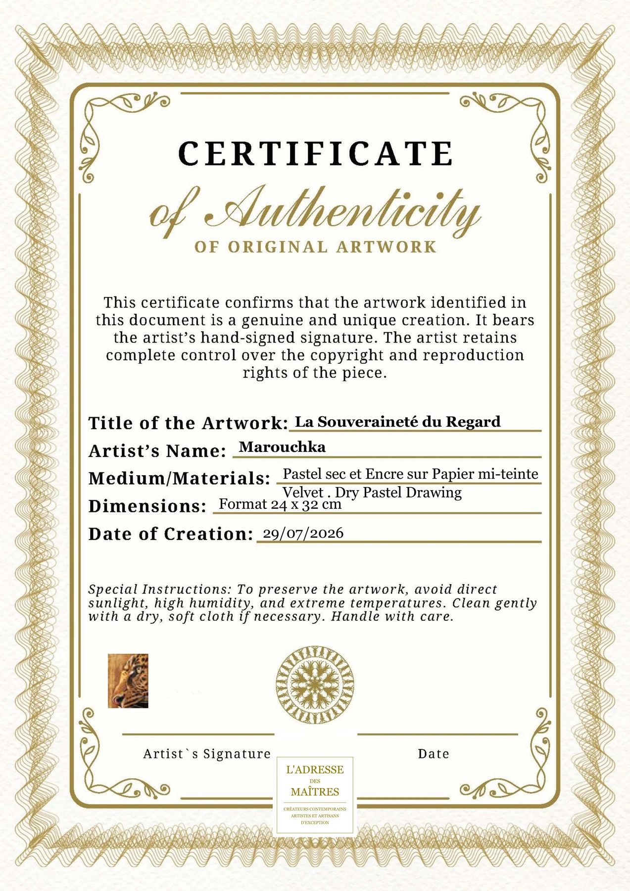 Certificat d'authenticité — La Souveraineté du Regard — Marouchka