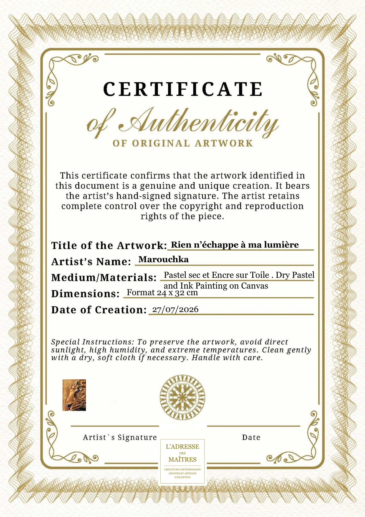 Certificat d'authenticité — Rien n’échappe à ma lumière — Marouchka