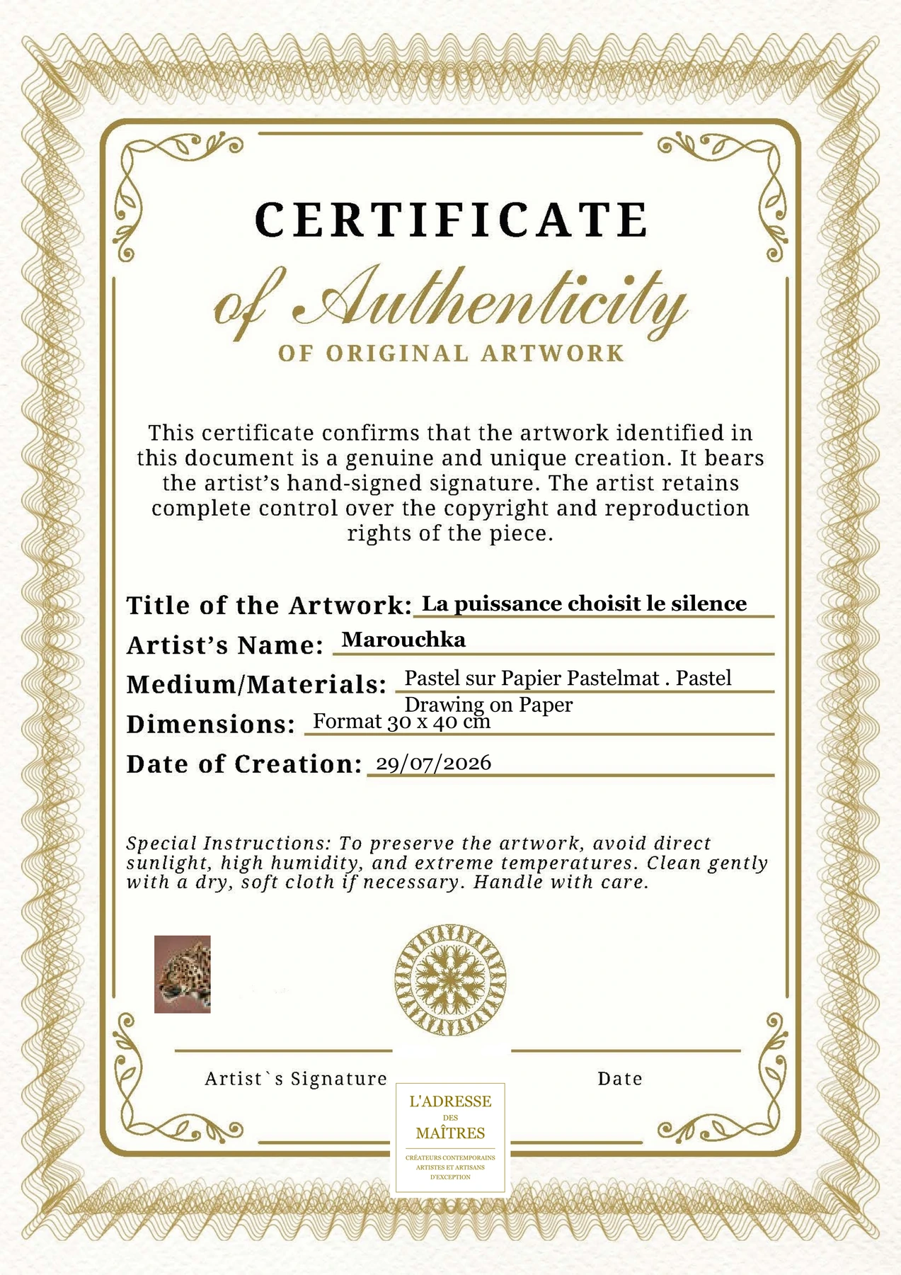 Certificat d'authenticité — La puissance choisit le silence — Marouchka