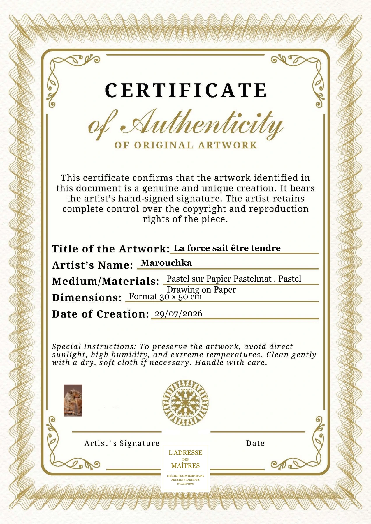 Certificat d'authenticité — La force sait être tendre — Marouchka