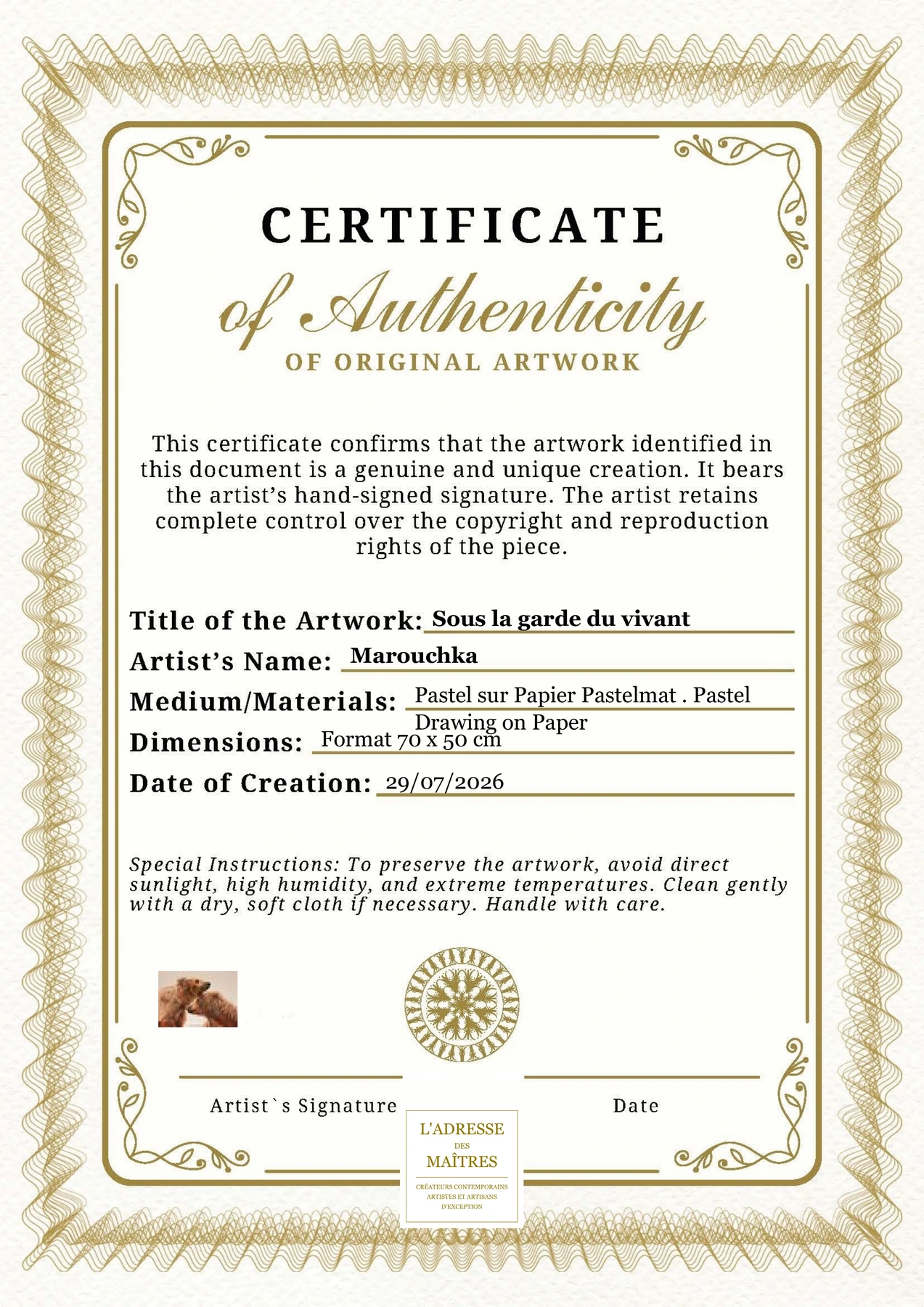 Certificat d'authenticité — Sous la garde du vivant — Marouchka