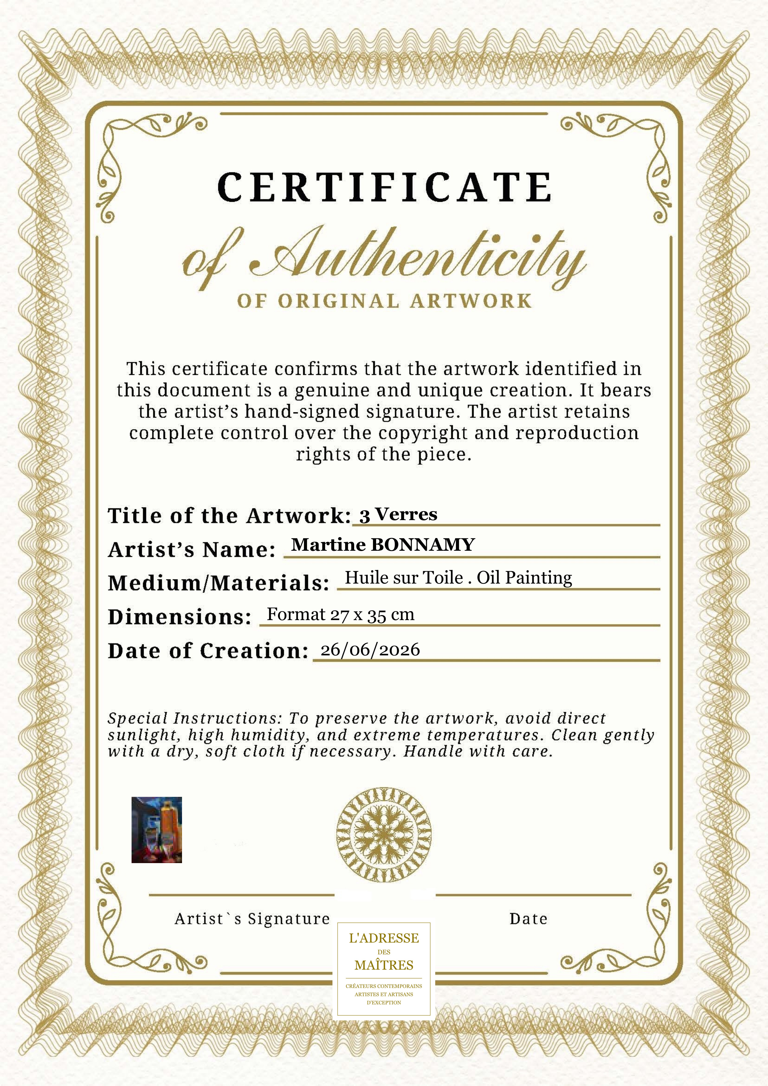 Certificat d'authenticité — 3 Verres — Martine BONNAMY