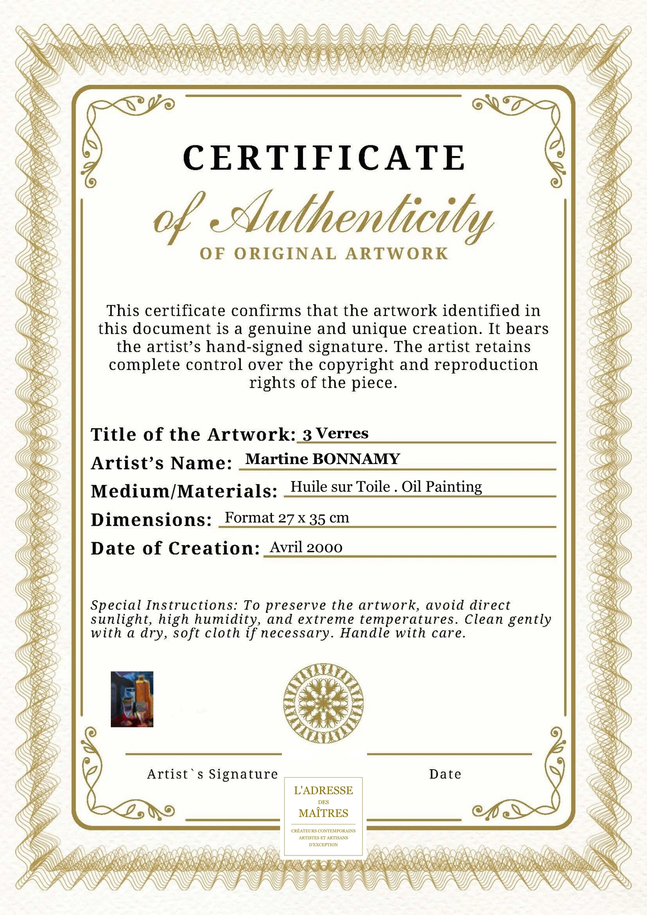 Certificat d'authenticité - 3 Verres - Martine BONNAMY