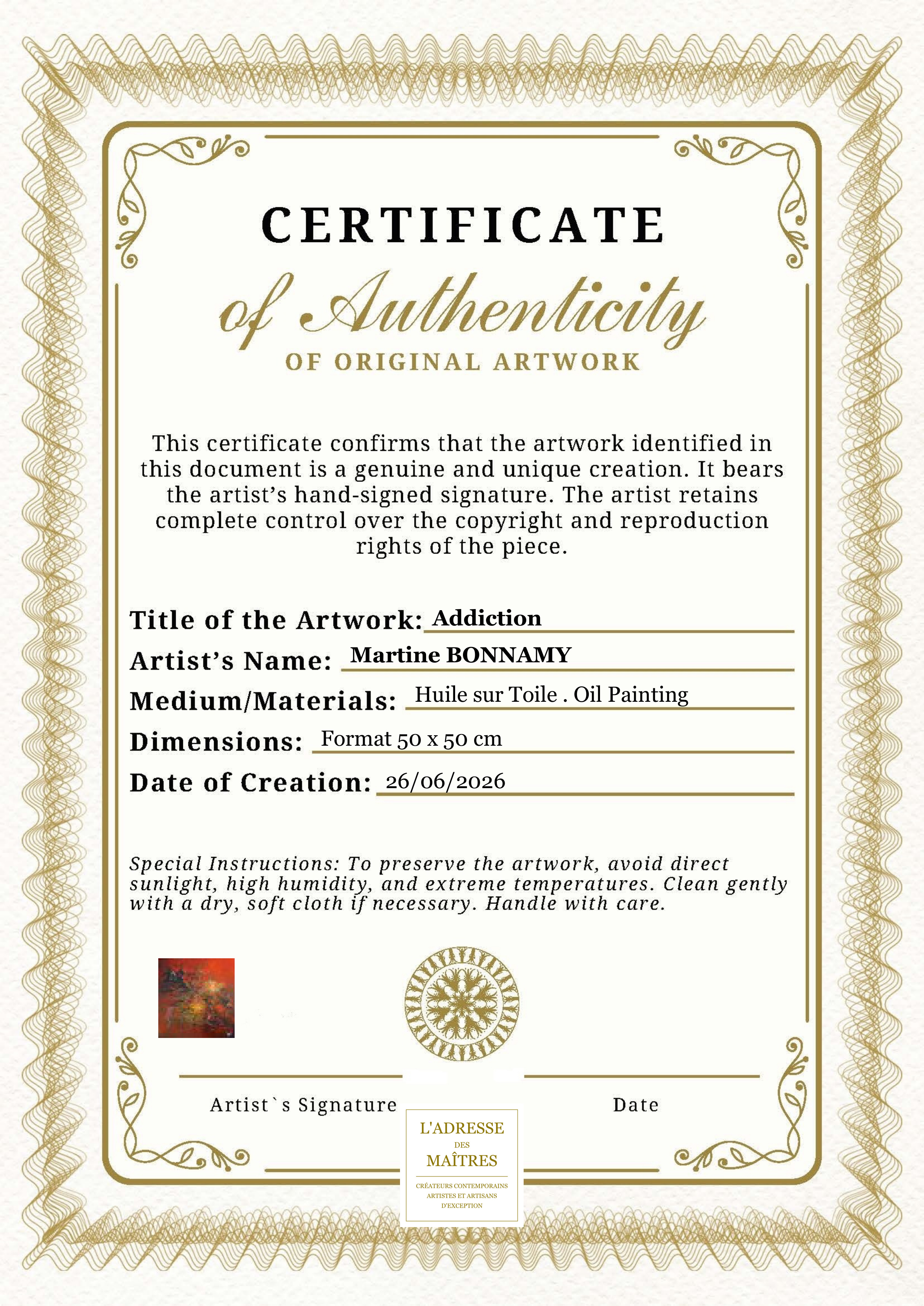 Certificat d'authenticité — Addiction — Martine BONNAMY