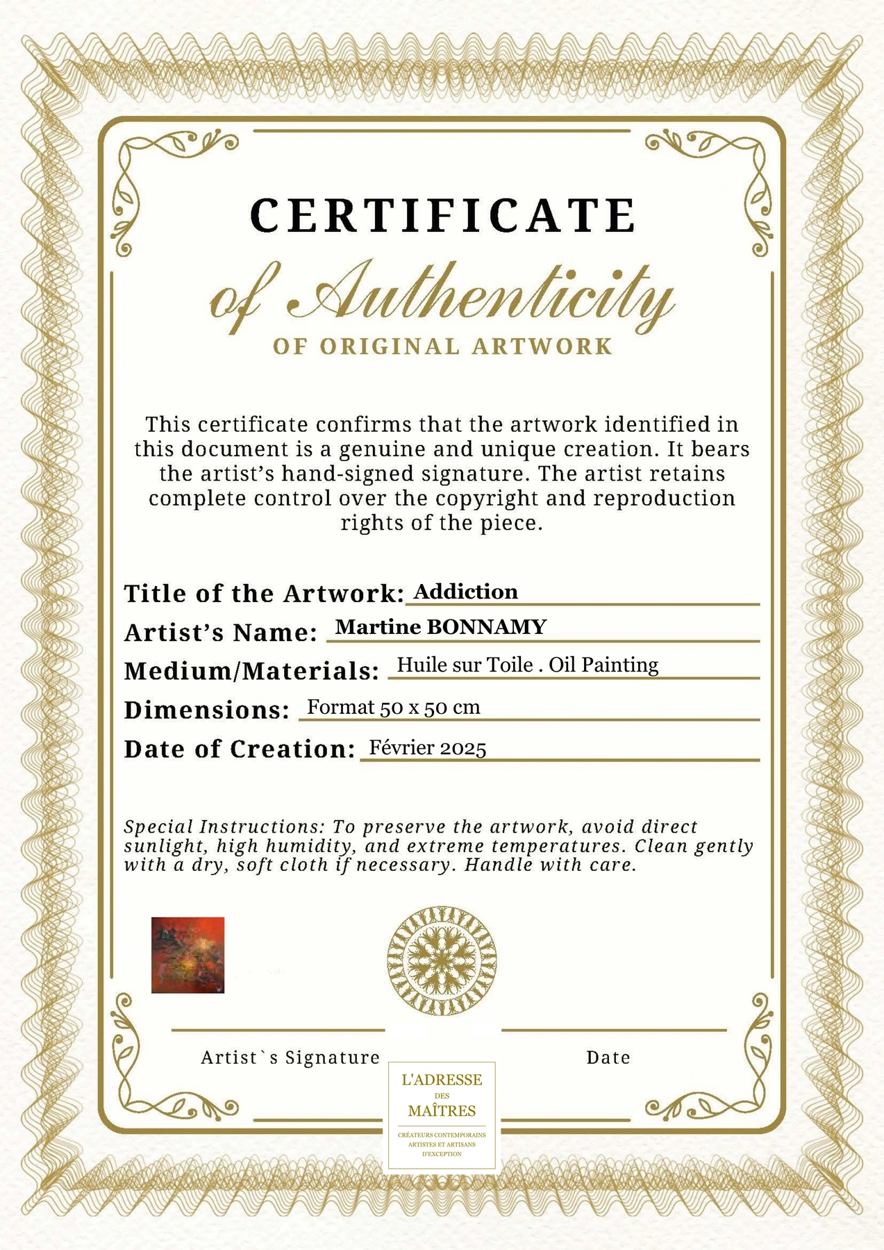 Certificat d'authenticité - Addiction - Martine BONNAMY