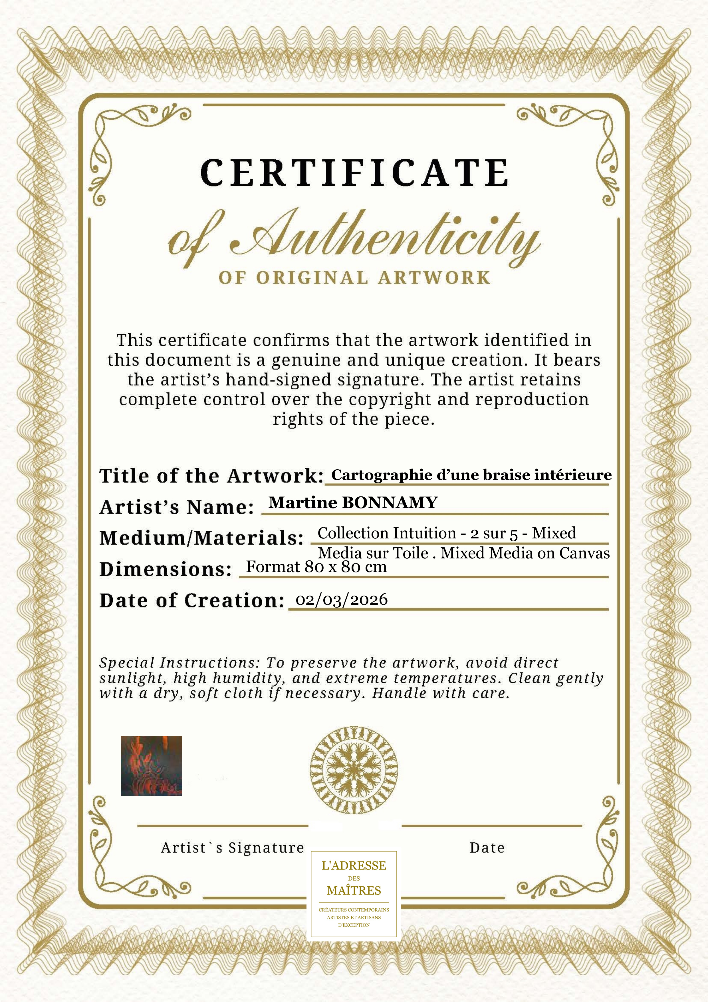 Certificat d'authenticité — Cartographie d’une braise intérieure — Martine BONNAMY