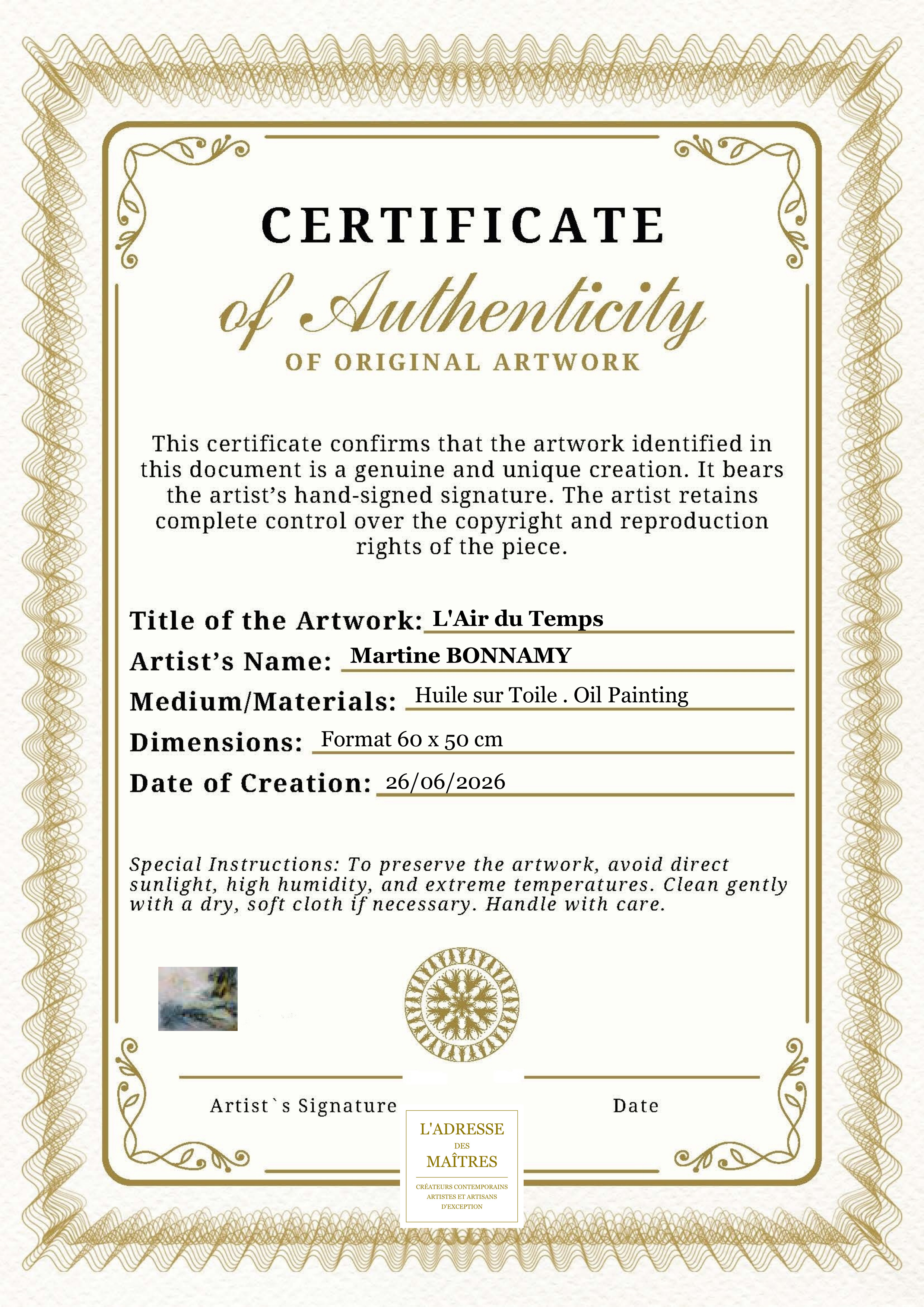 Certificat d'authenticité — L'Air du Temps — Martine BONNAMY