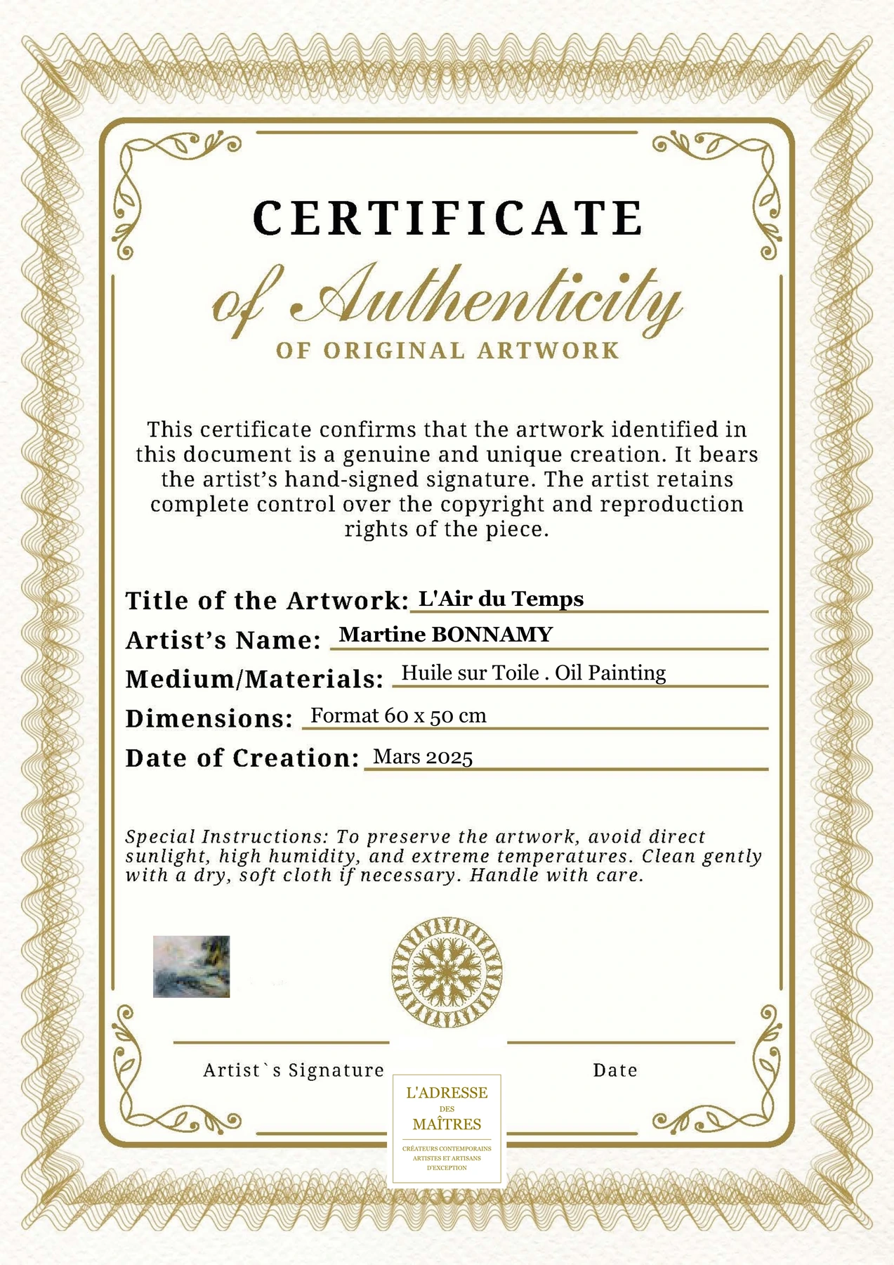 Certificat d'authenticité - L'Air du Temps - Martine BONNAMY