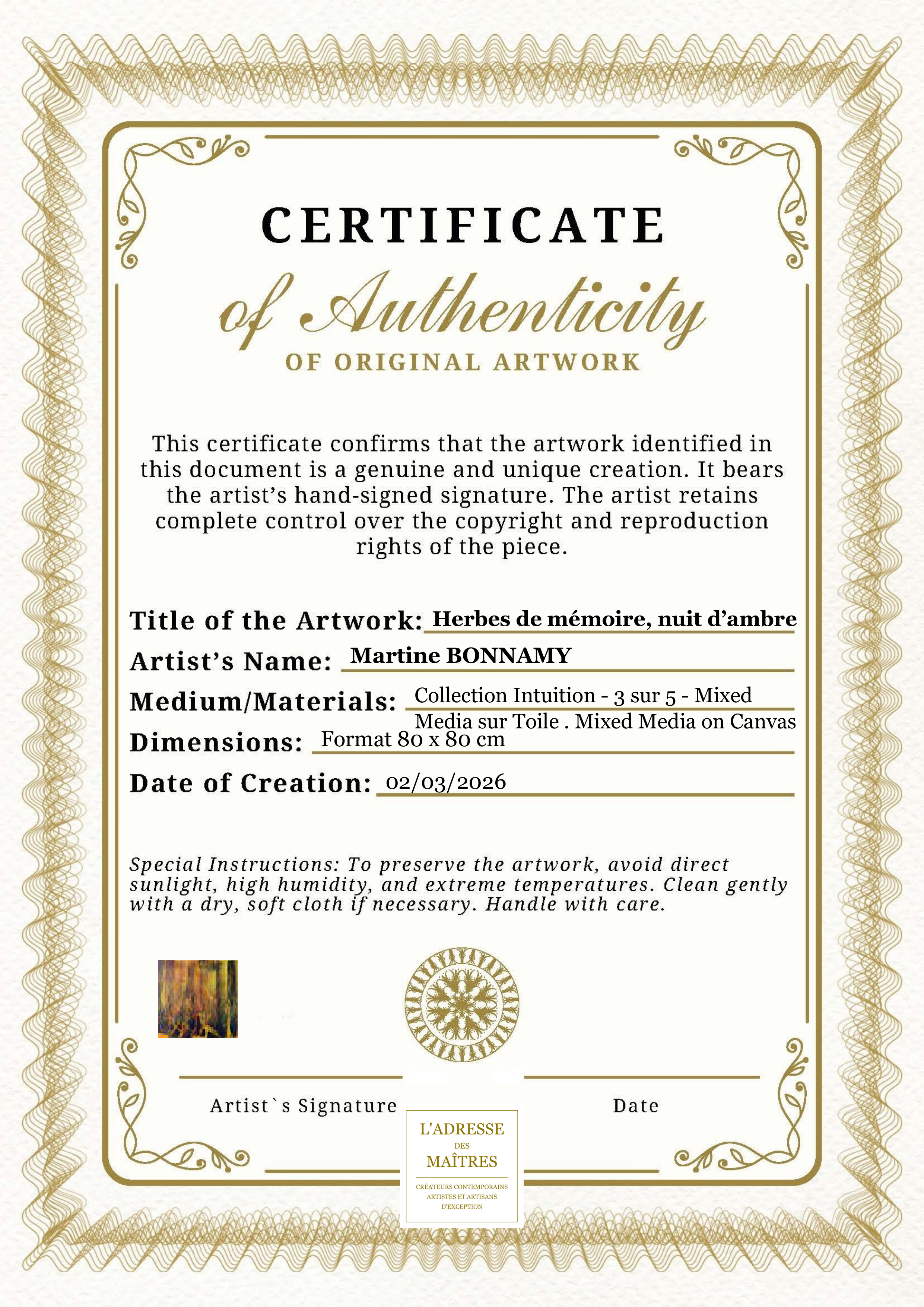 Certificat d'authenticité — Herbes de mémoire, nuit d’ambre — Martine BONNAMY