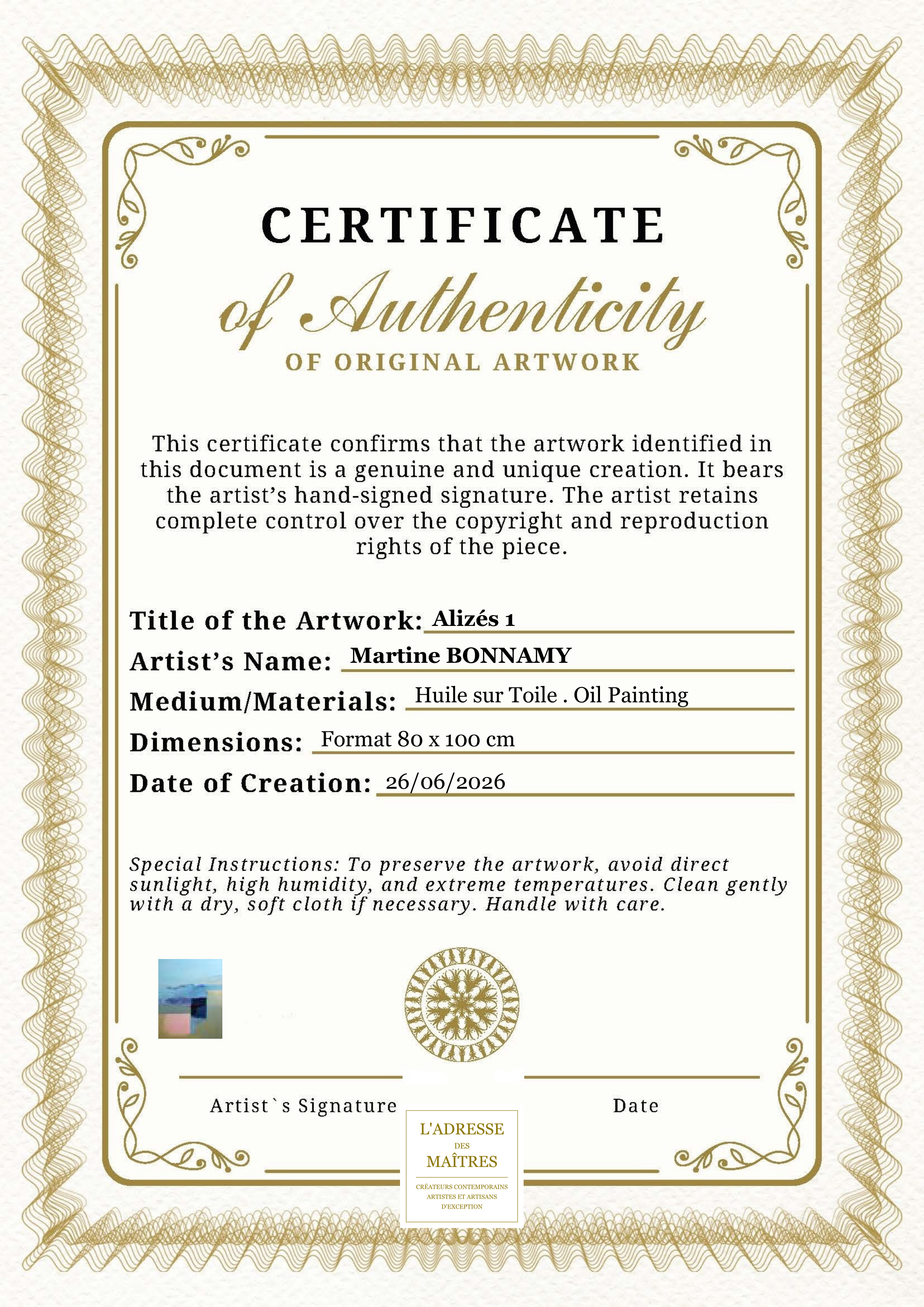 Certificat d'authenticité — Alizés 1 — Martine BONNAMY