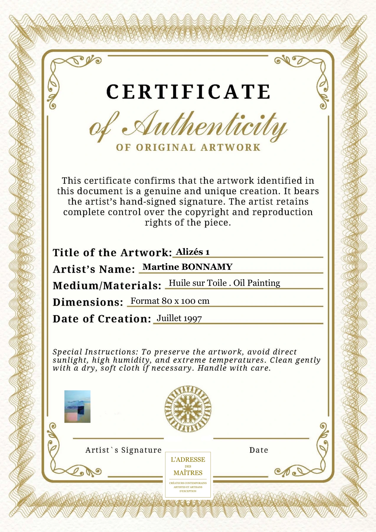 Certificat d'authenticité - Alizés 1 - Martine BONNAMY