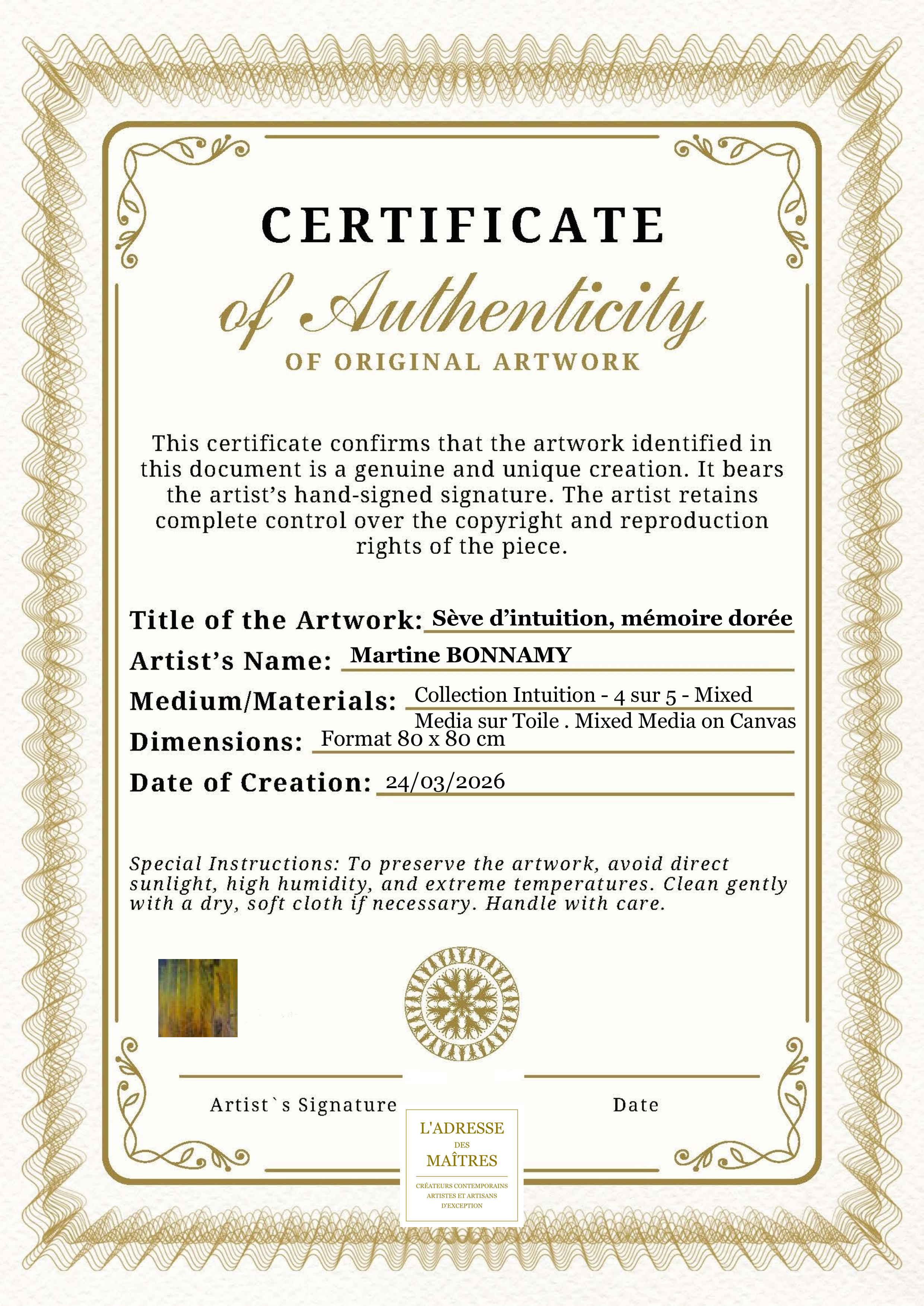 Certificat d'authenticité — Sève d’intuition, mémoire dorée — Martine BONNAMY