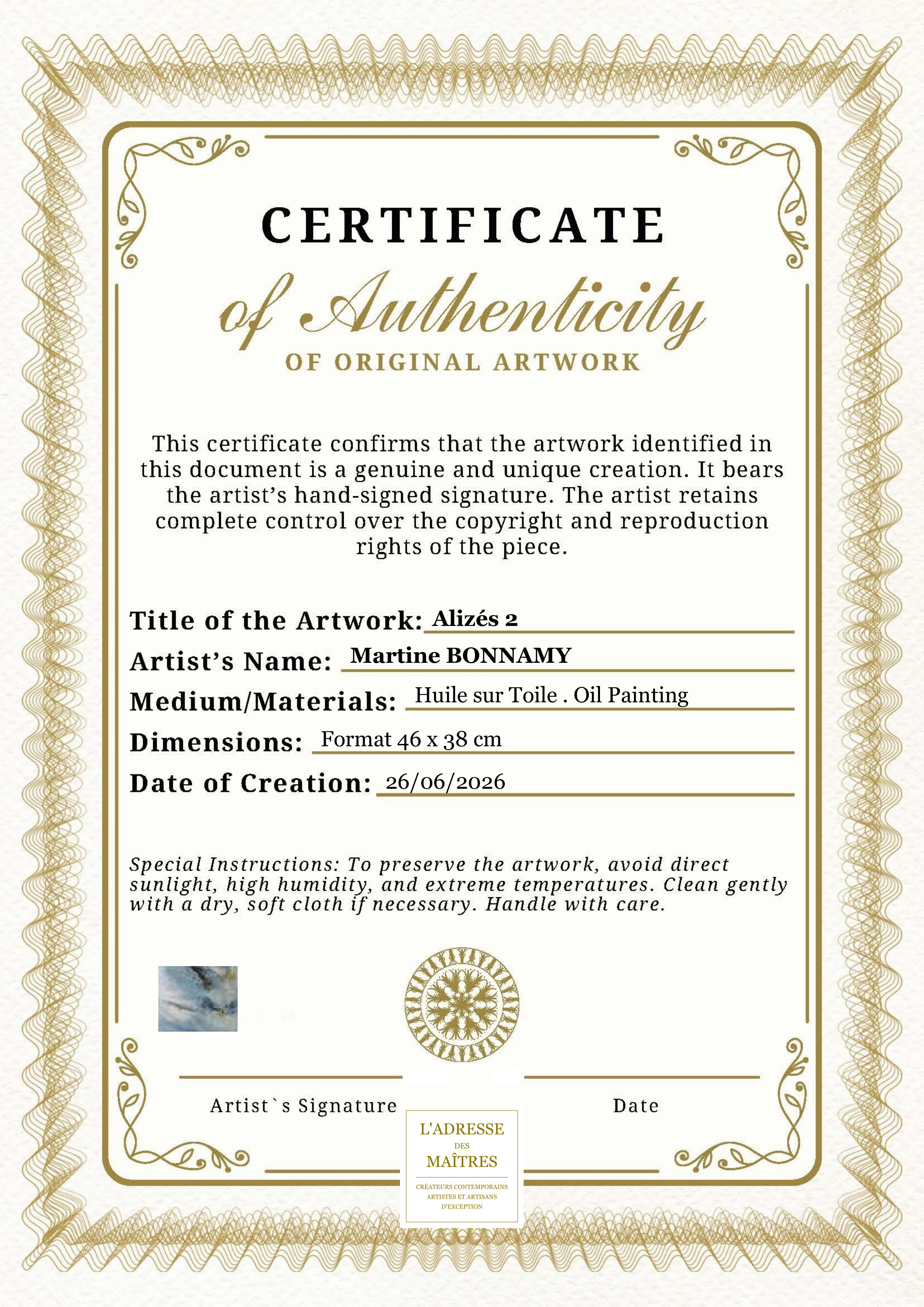 Certificat d'authenticité — Alizés 2 — Martine BONNAMY