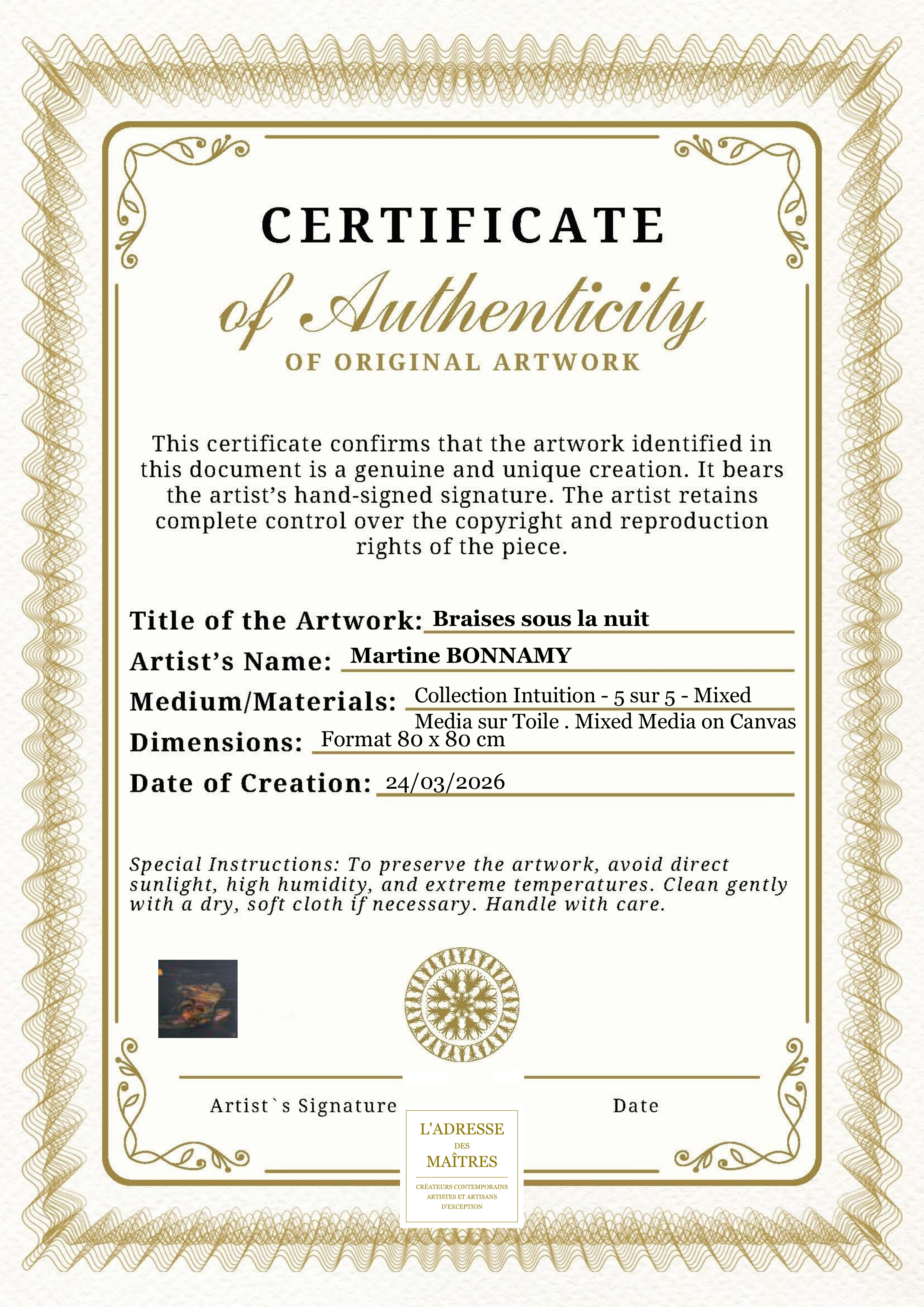 Certificat d'authenticité — Braises sous la nuit — Martine BONNAMY