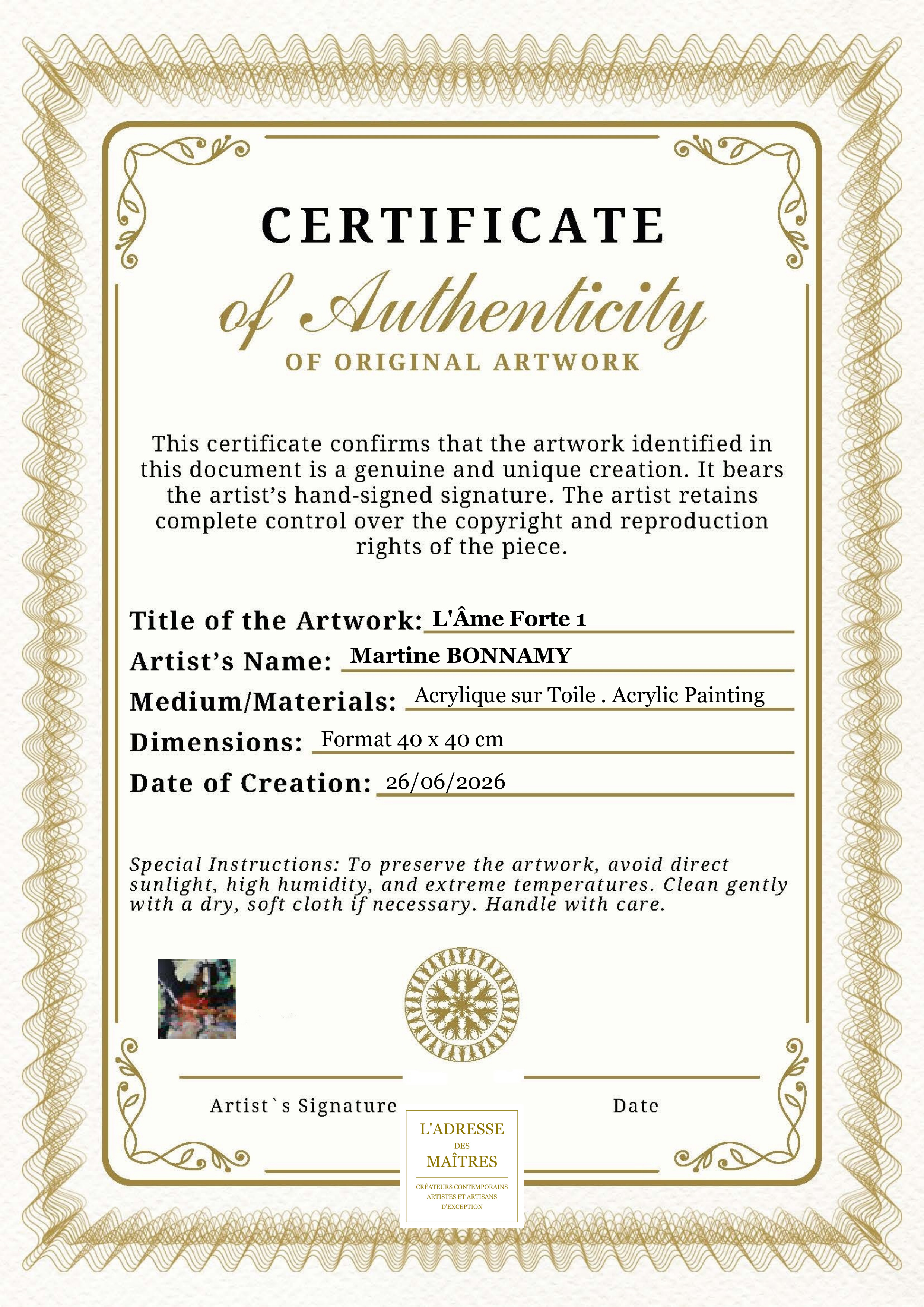Certificat d'authenticité — L'Âme Forte 1 — Martine BONNAMY