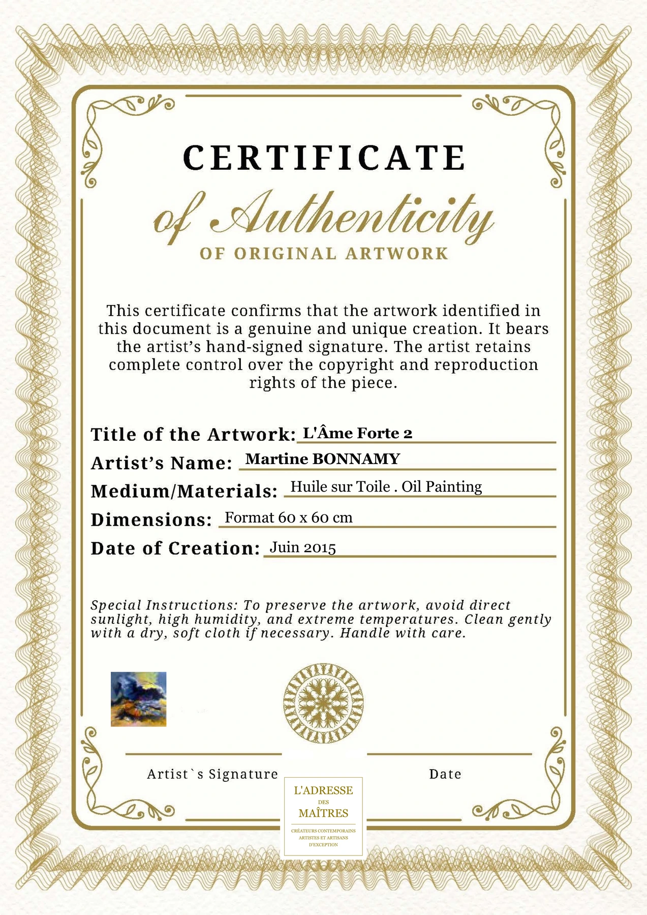 Certificat d'authenticité - L'Âme Forte 2 - Martine BONNAMY