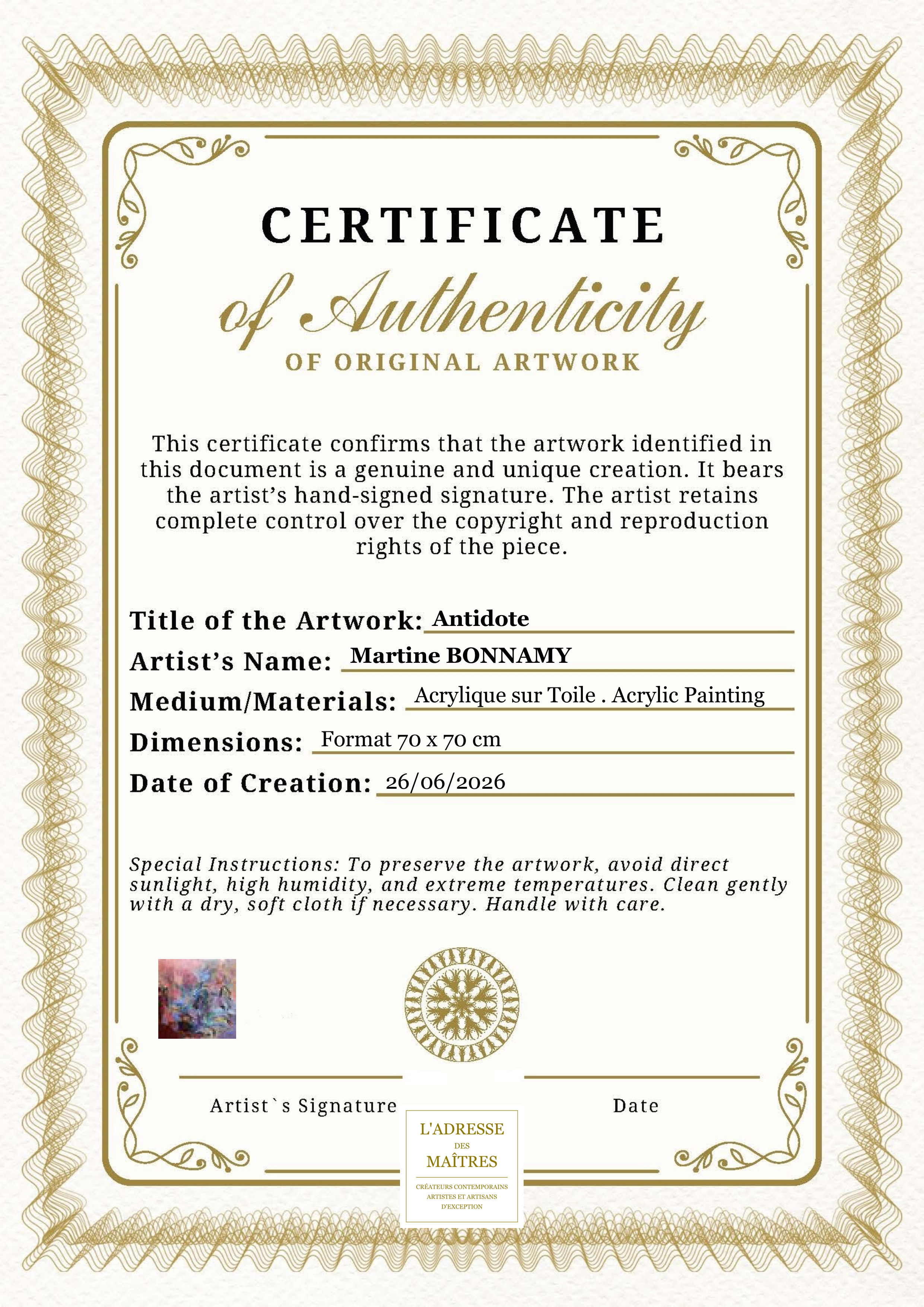 Certificat d'authenticité — Antidote — Martine BONNAMY