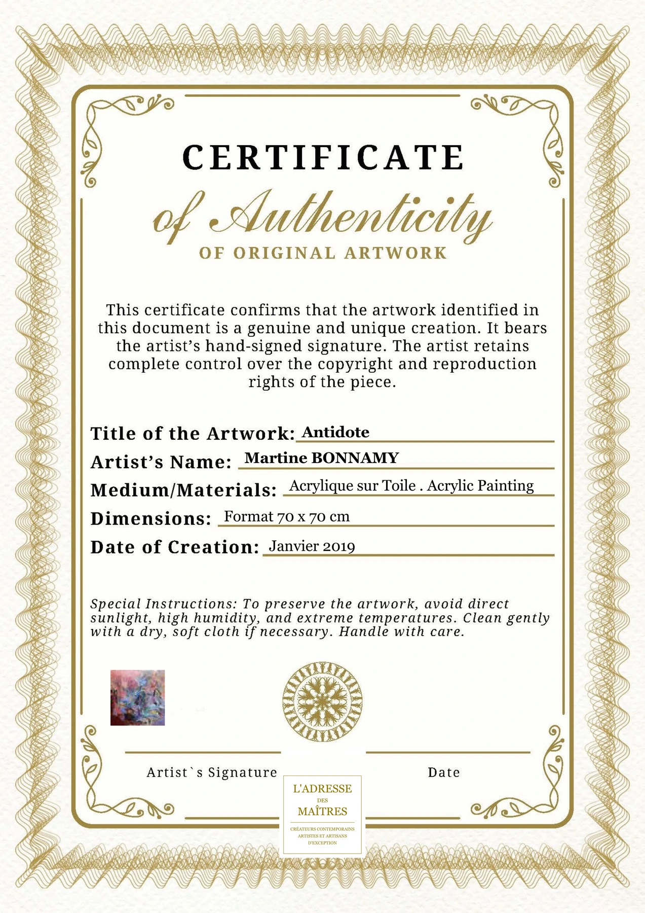 Certificat d'authenticité - Antidote - Martine BONNAMY