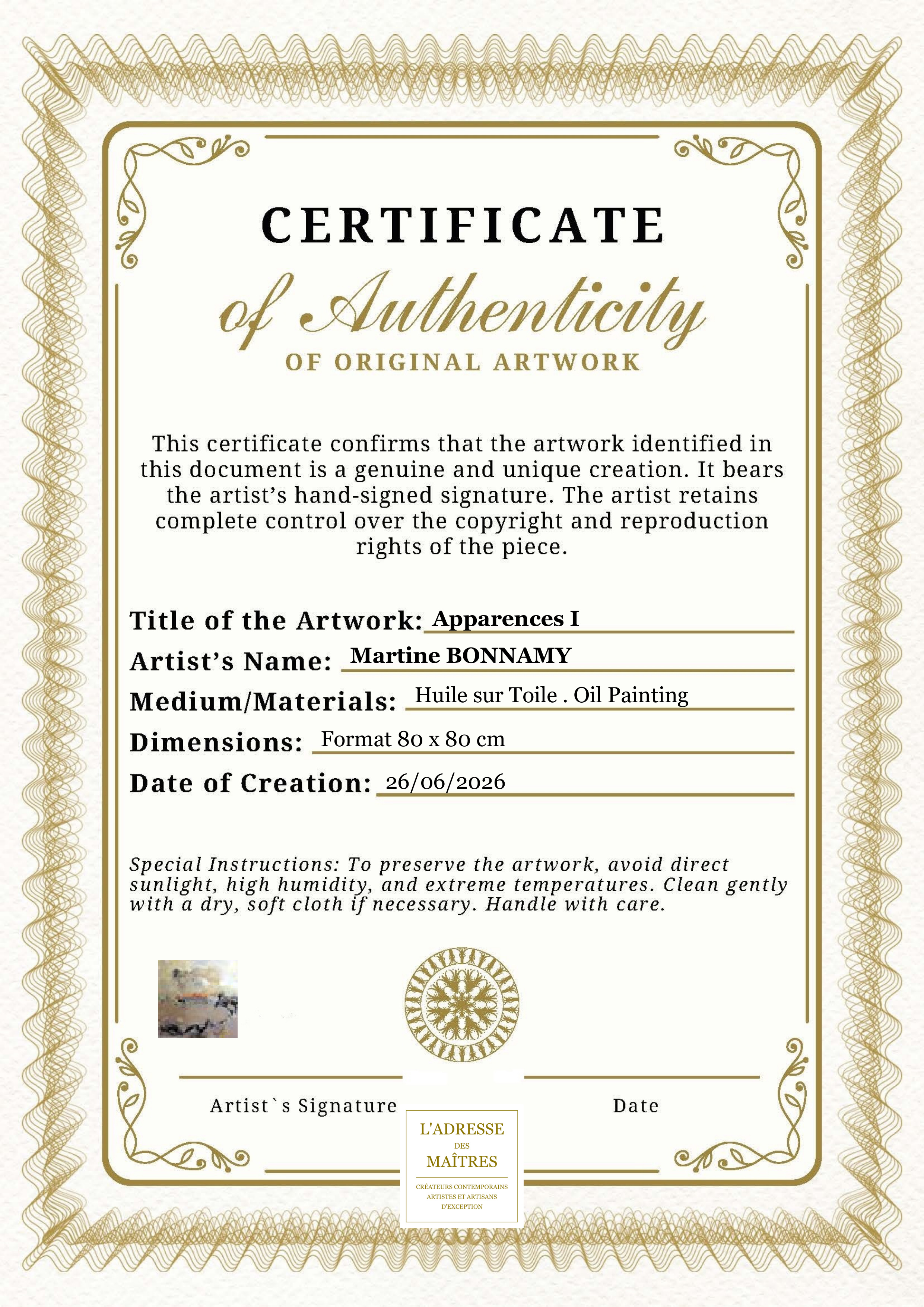 Certificat d'authenticité — Apparences I — Martine BONNAMY
