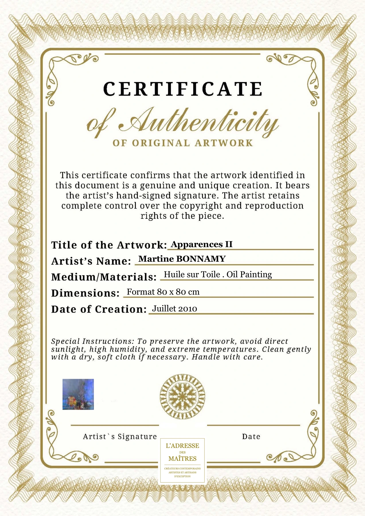 Certificat d'authenticité - Apparences II - Martine BONNAMY