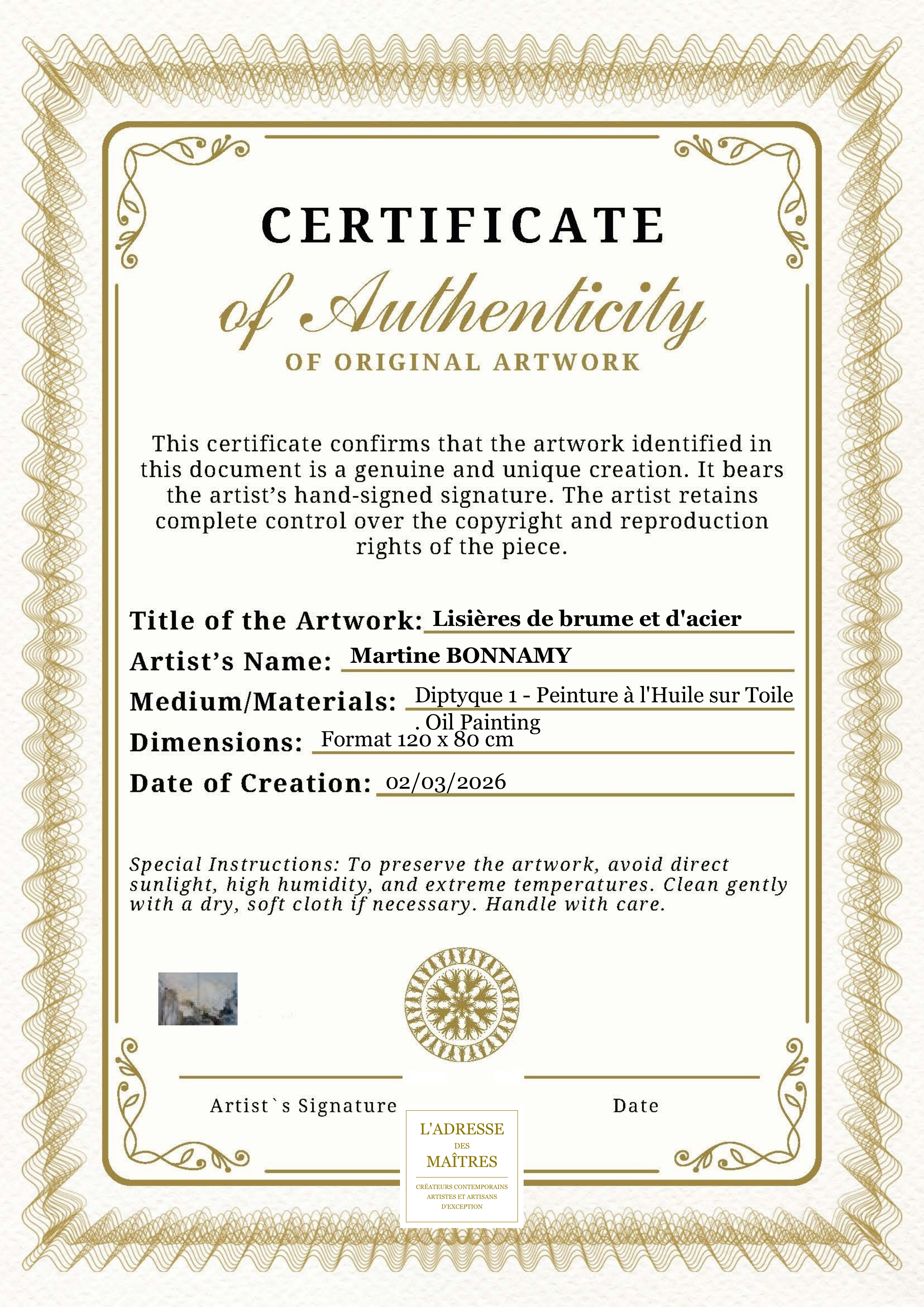 Certificat d'authenticité — Lisières de brume et d'acier — Martine BONNAMY