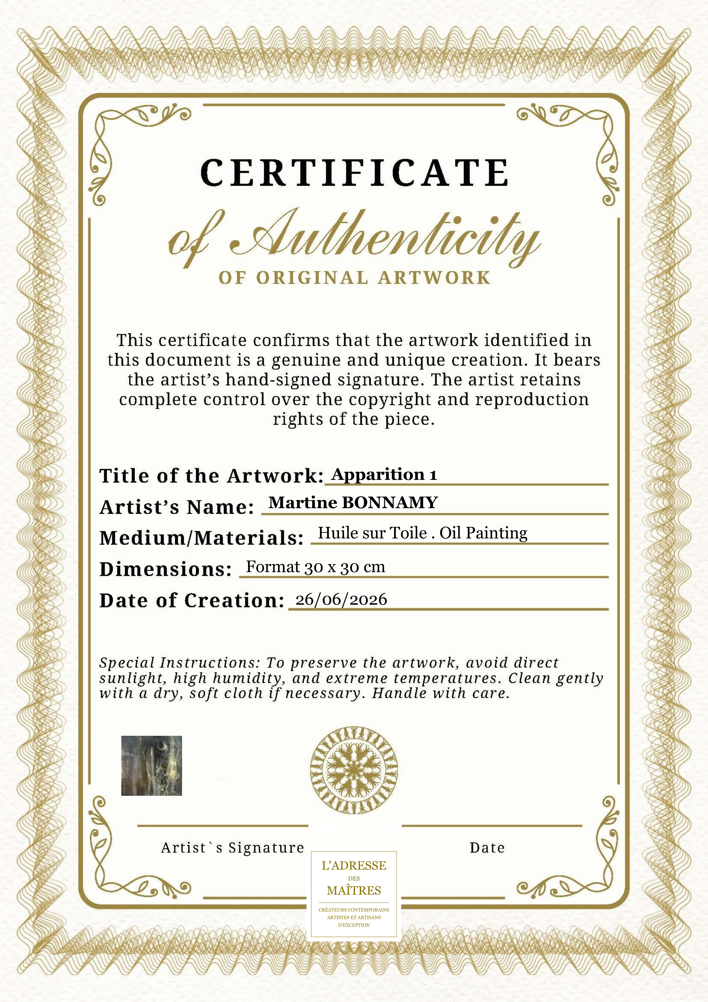 Certificat d'authenticité — Apparition 1 — Martine BONNAMY