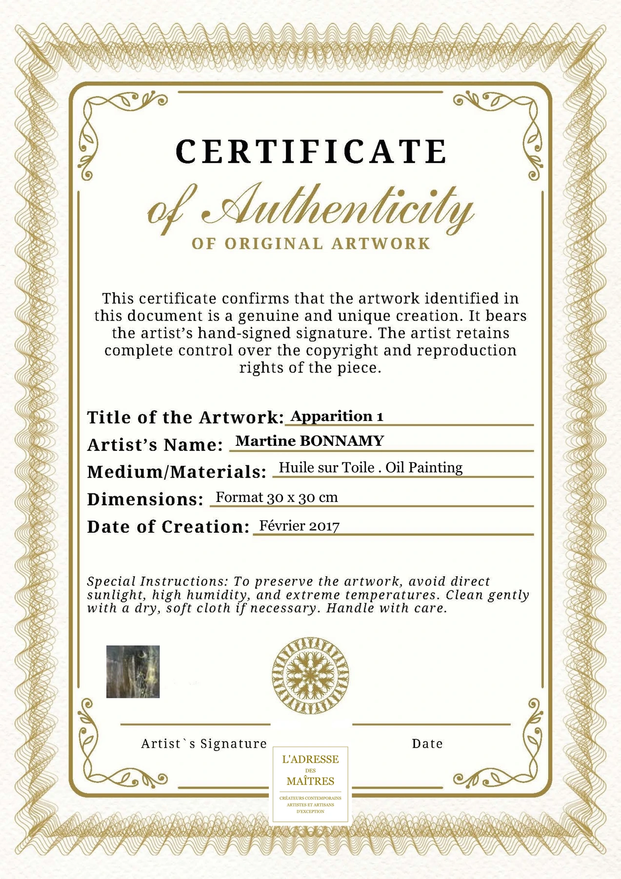 Certificat d'authenticité - Apparition 1 - Martine BONNAMY