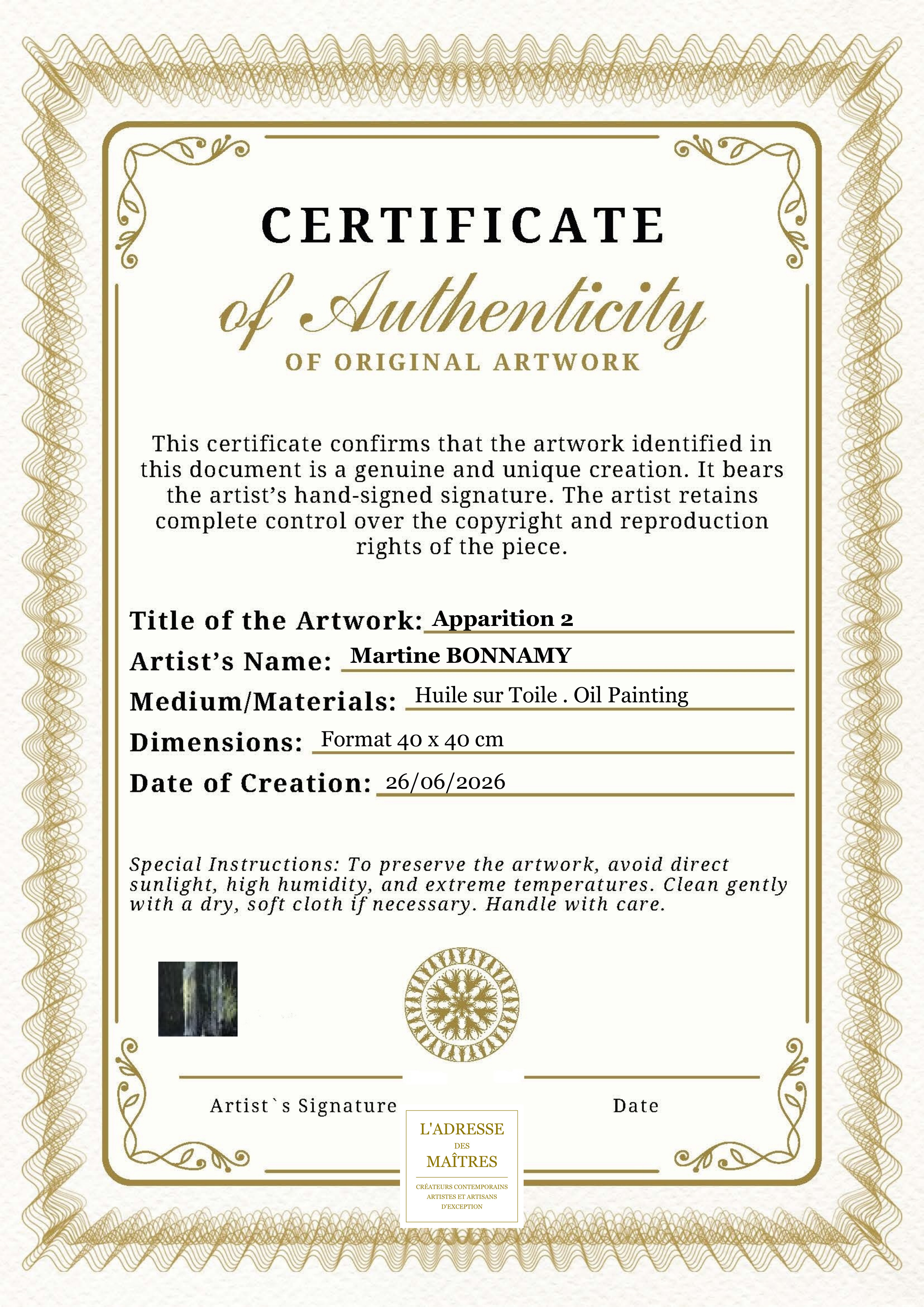 Certificat d'authenticité — Apparition 2 — Martine BONNAMY