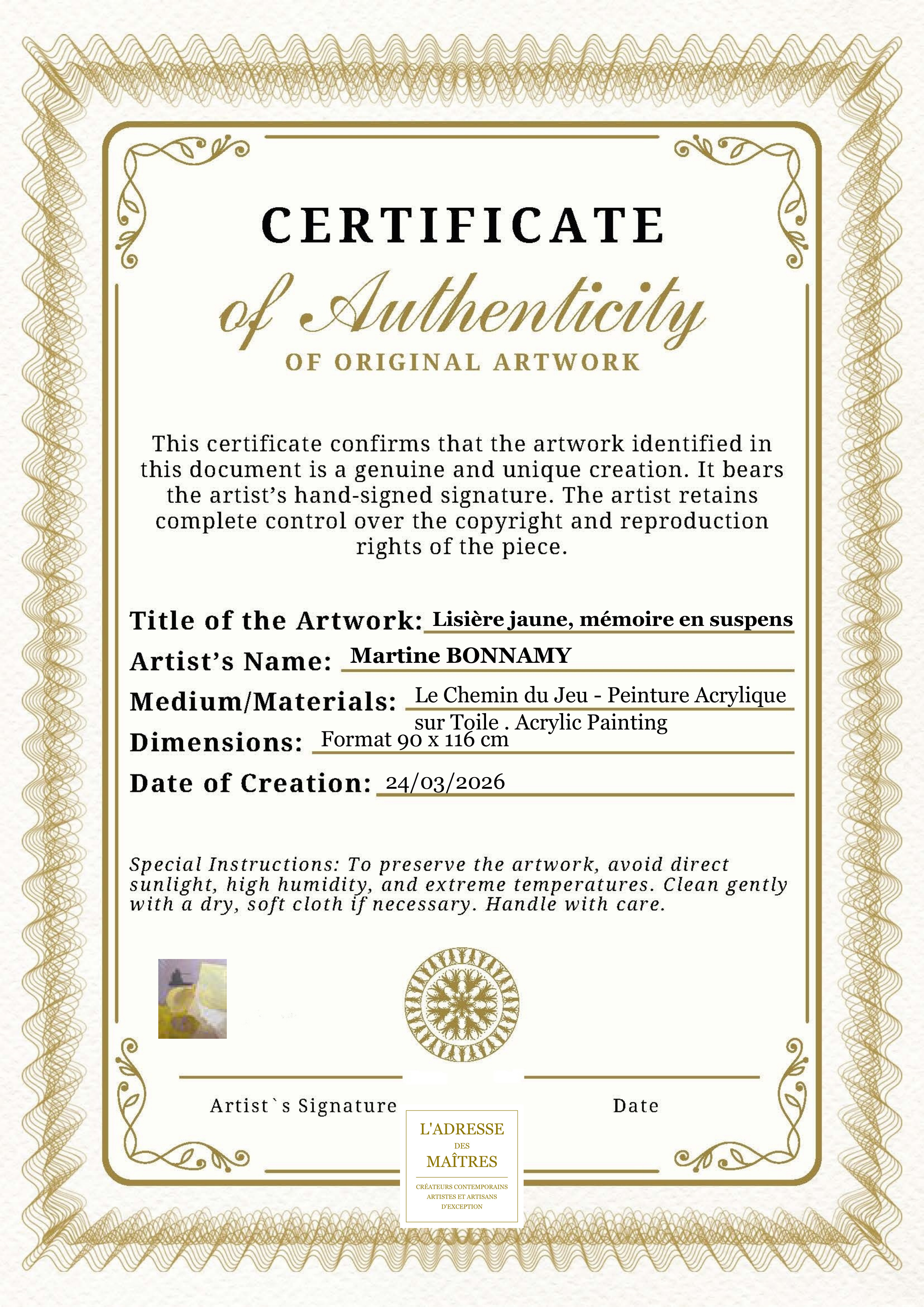 Certificat d'authenticité — Lisière jaune, mémoire en suspens — Martine BONNAMY