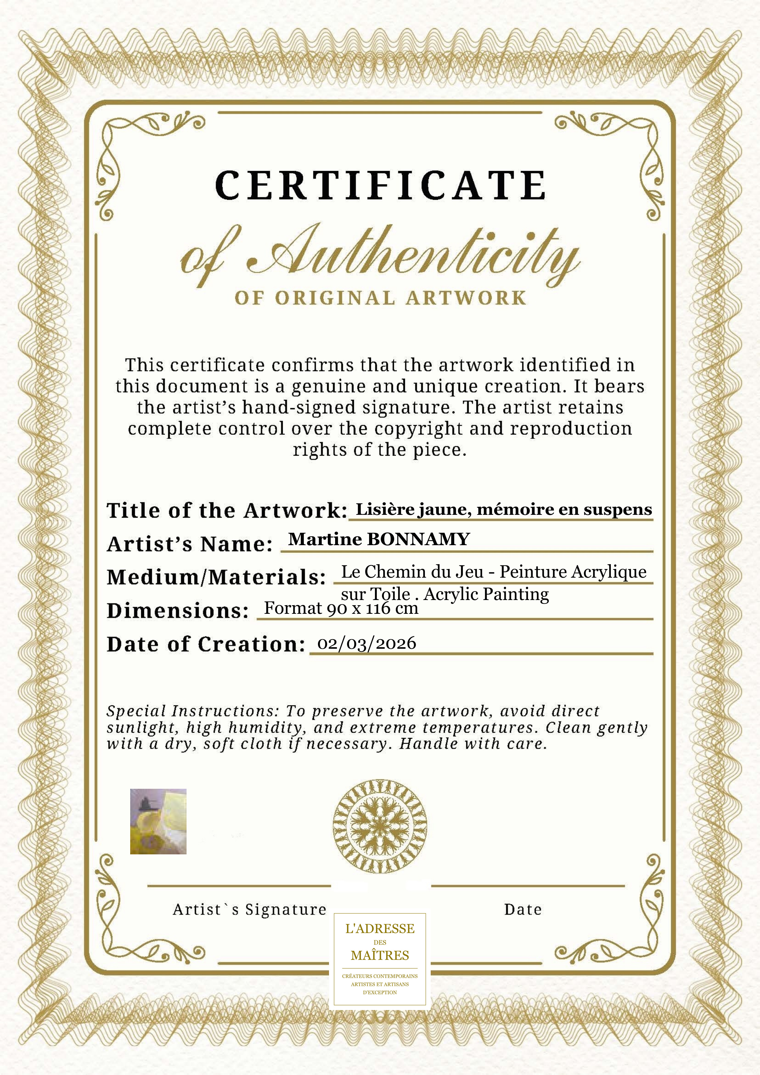 Certificat d'authenticité — Lisière jaune, mémoire en suspens — Martine BONNAMY