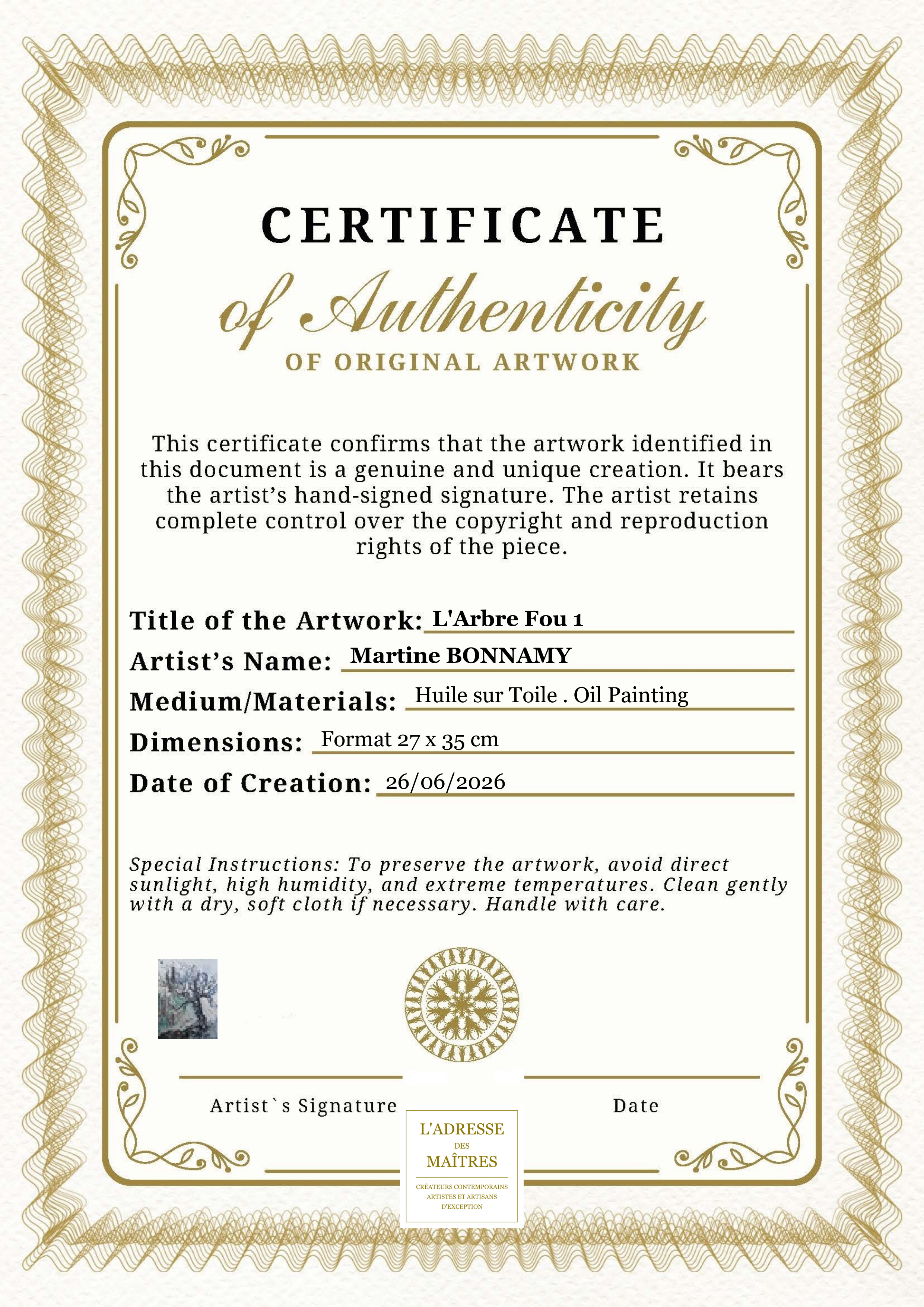 Certificat d'authenticité — L'Arbre Fou 1 — Martine BONNAMY