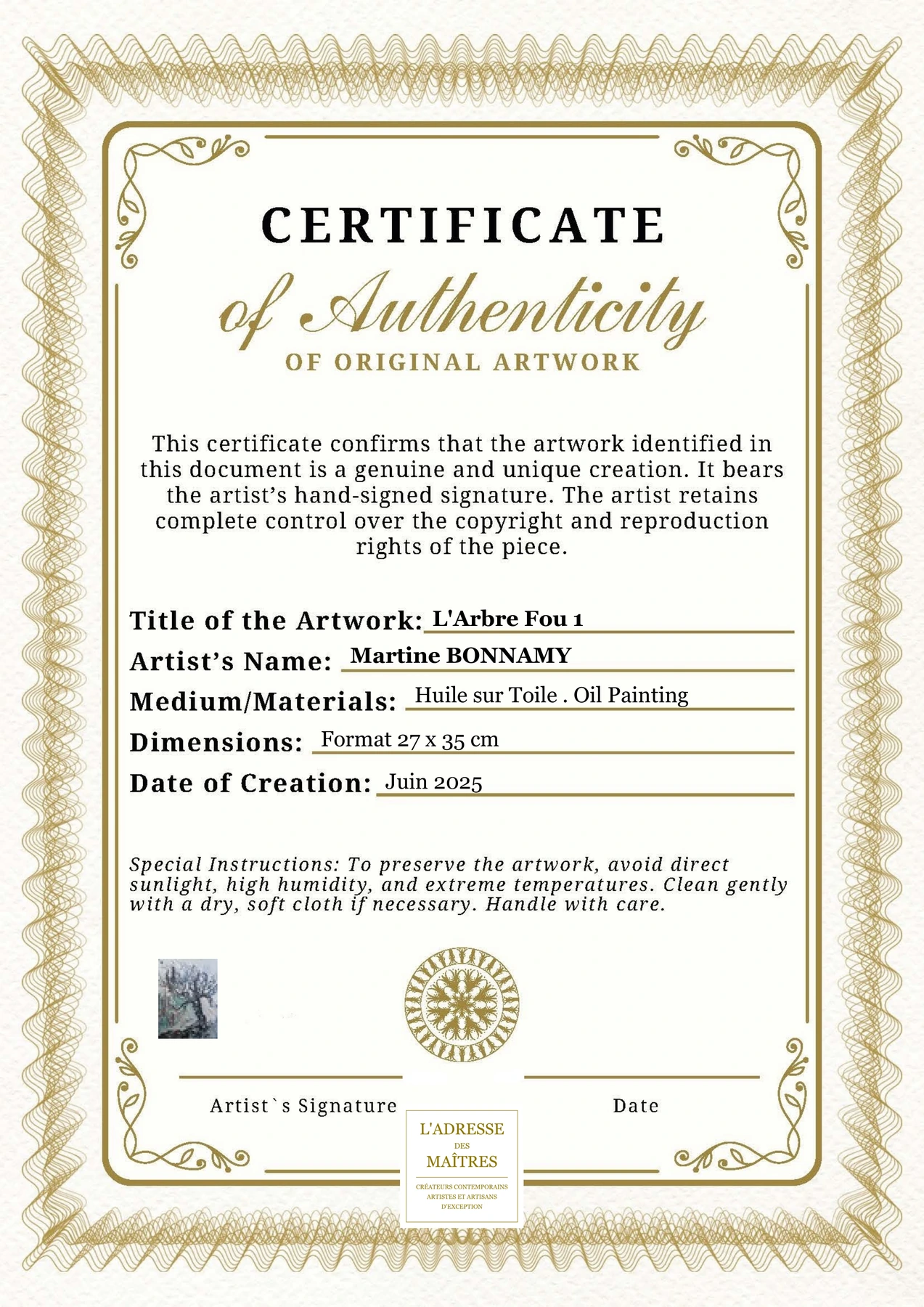 Certificat d'authenticité - L'Arbre Fou 1 - Martine BONNAMY