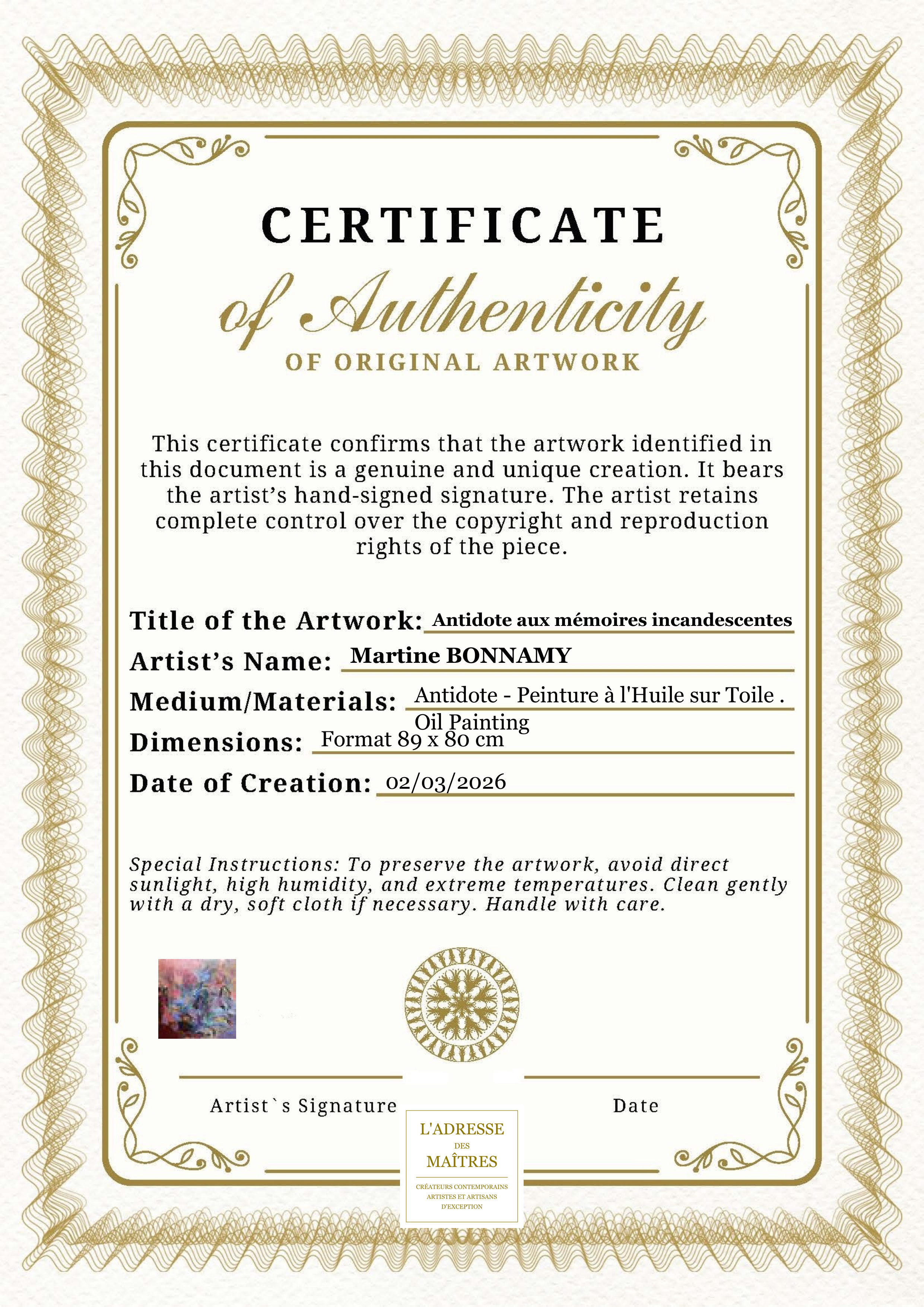 Certificat d'authenticité — Antidote aux mémoires incandescentes — Martine BONNAMY
