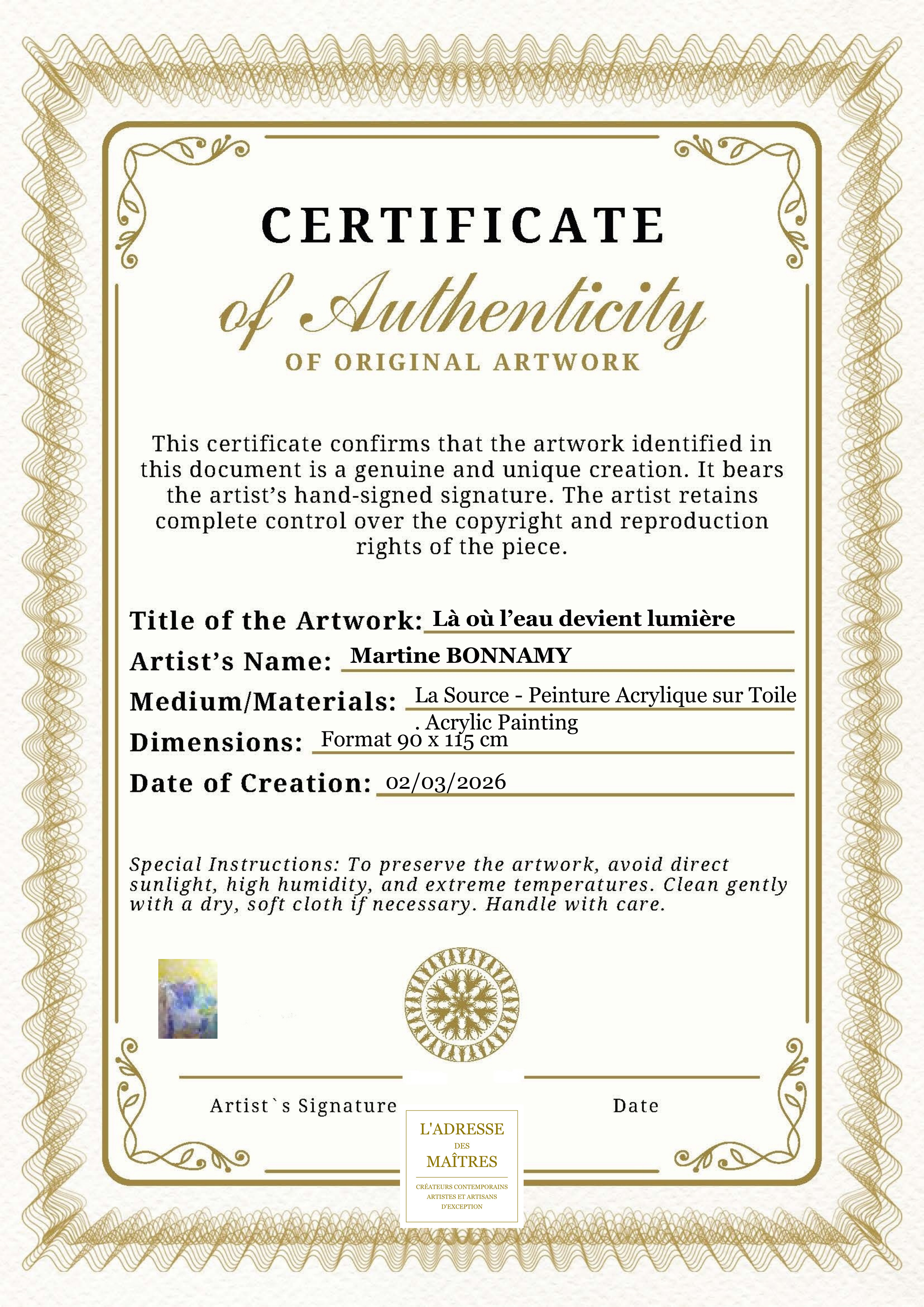 Certificat d'authenticité — Là où l’eau devient lumière — Martine BONNAMY